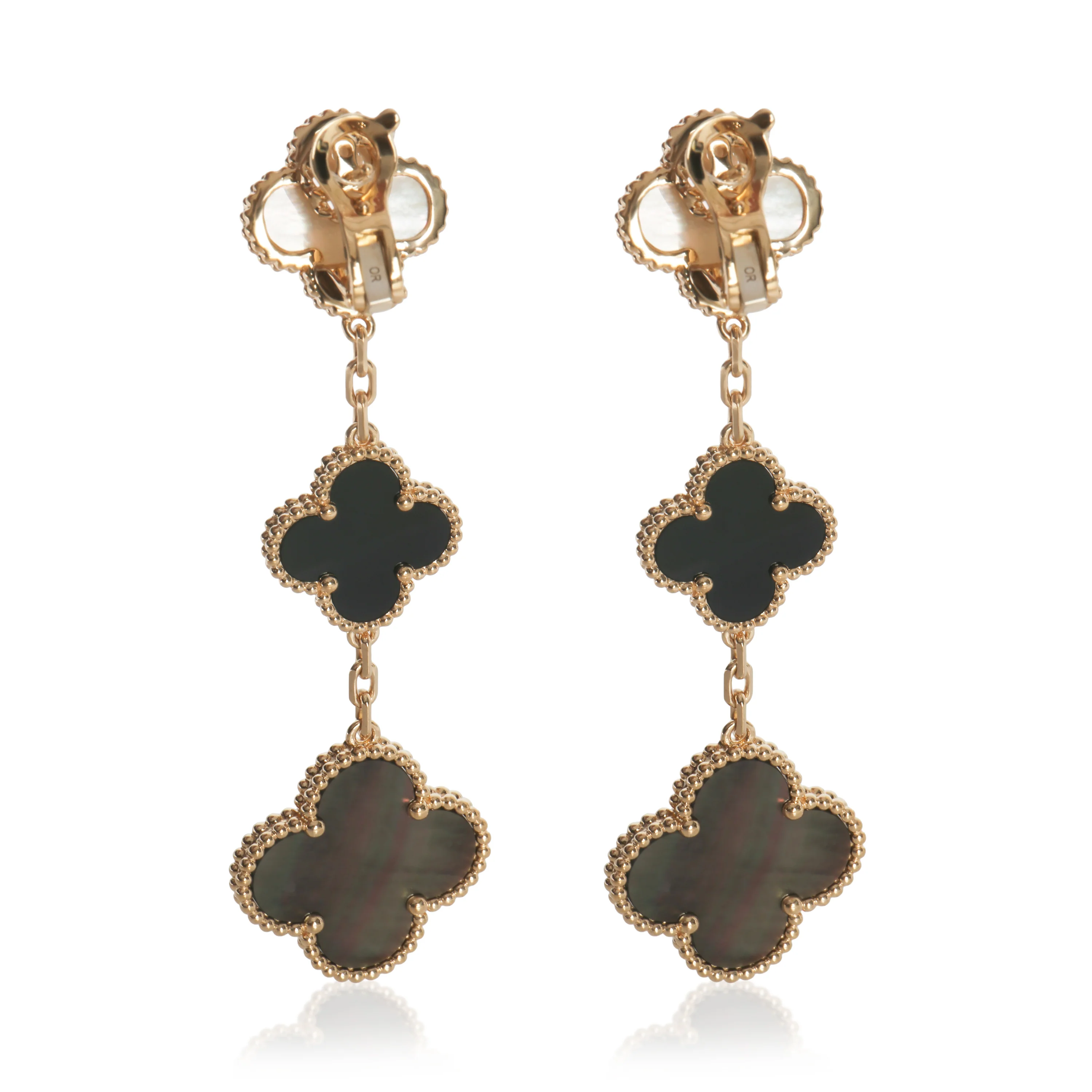 Yellow Gold Mother Of Pearl and Onyx Magic Alhambra Earrings - Image 3