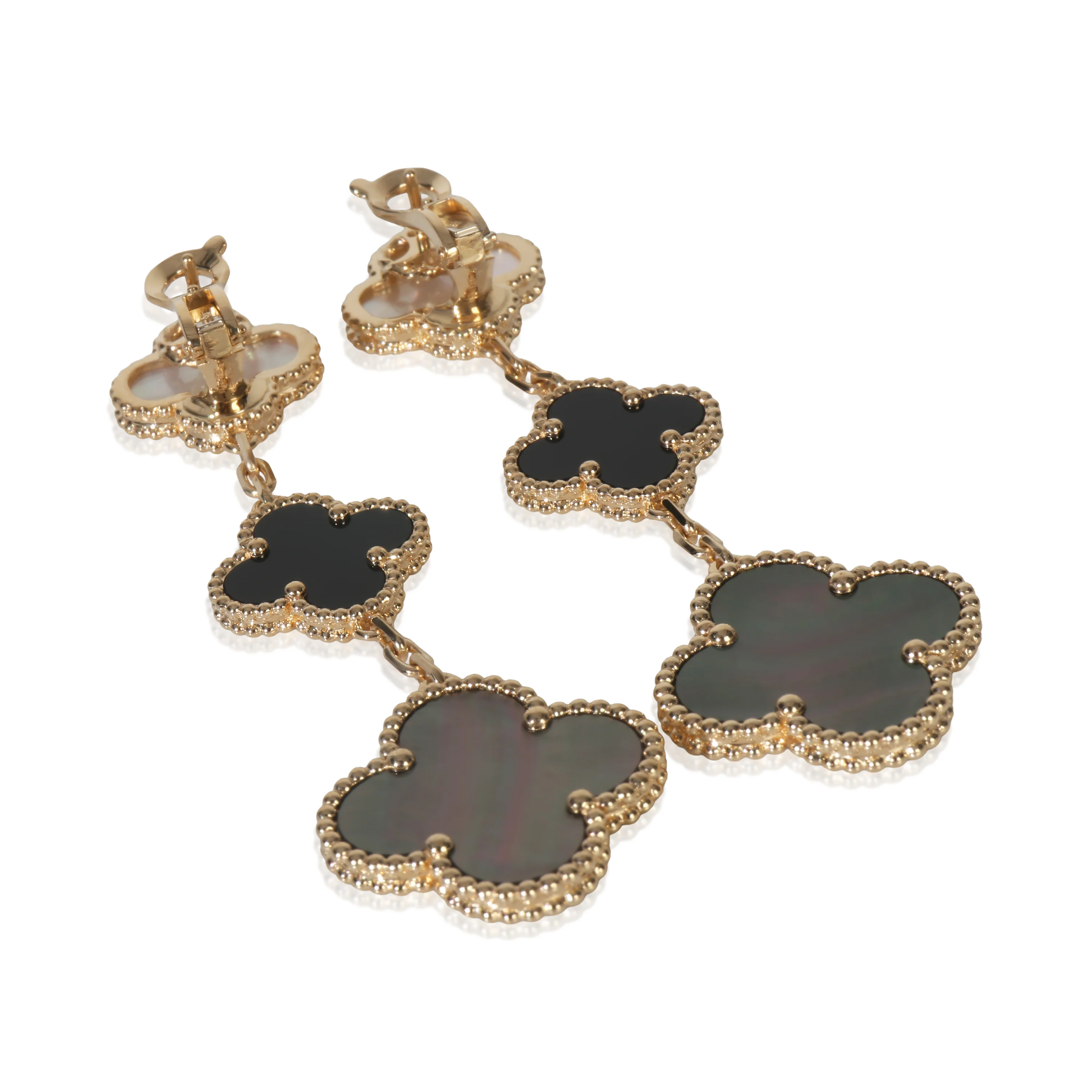 Yellow Gold Mother Of Pearl and Onyx Magic Alhambra Earrings - Image 4