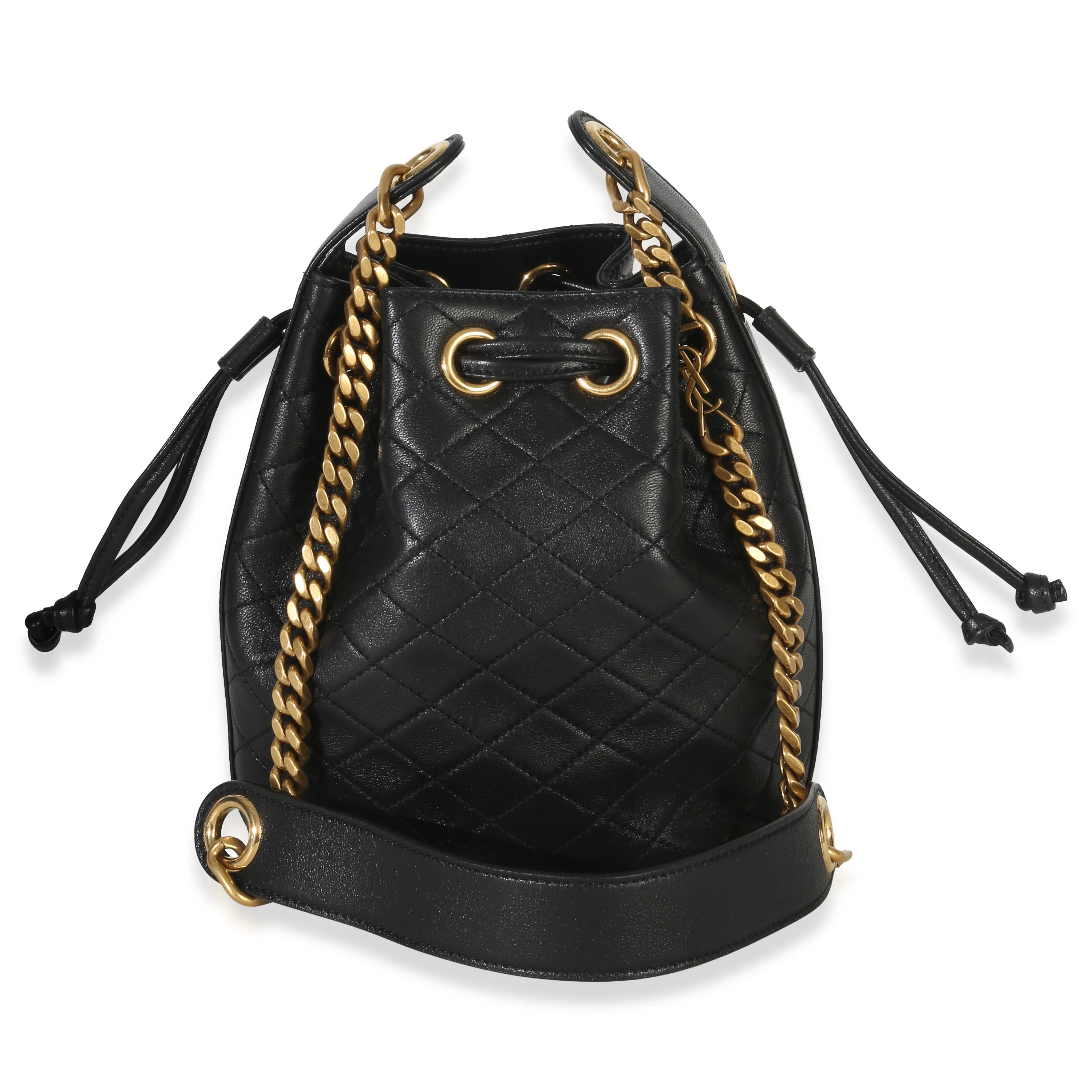 Black Quilted Lambskin Cassandre Logo Plaque Small Bucket Bag - Image 4