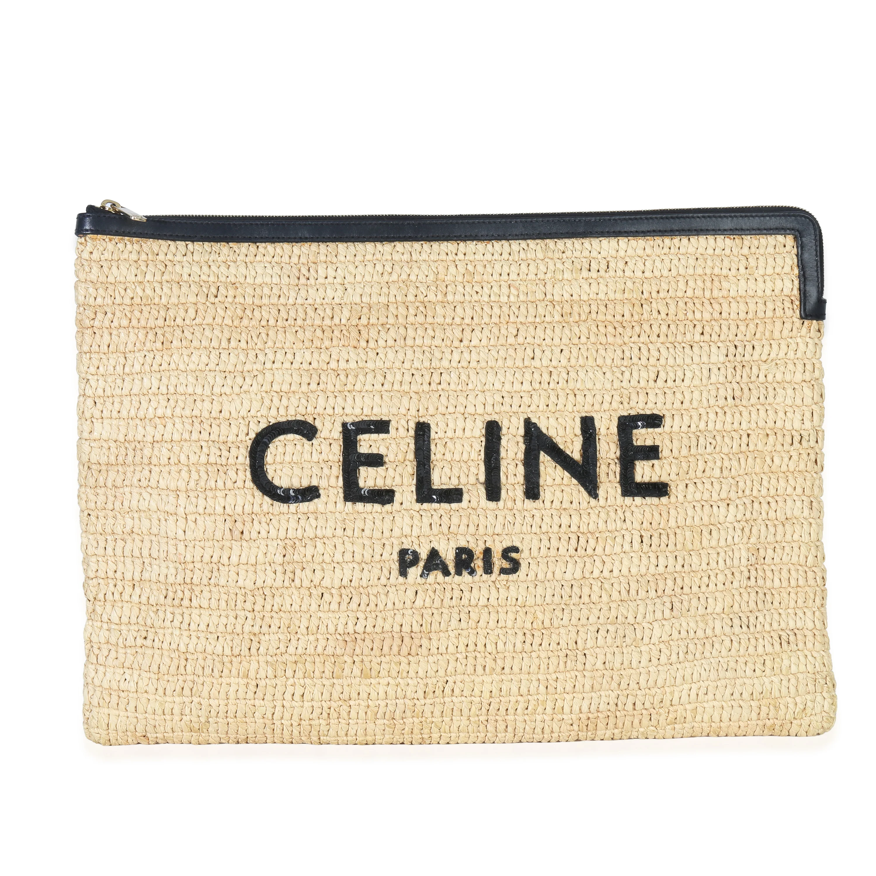 Beige Raffia Sequin Logo Clutch