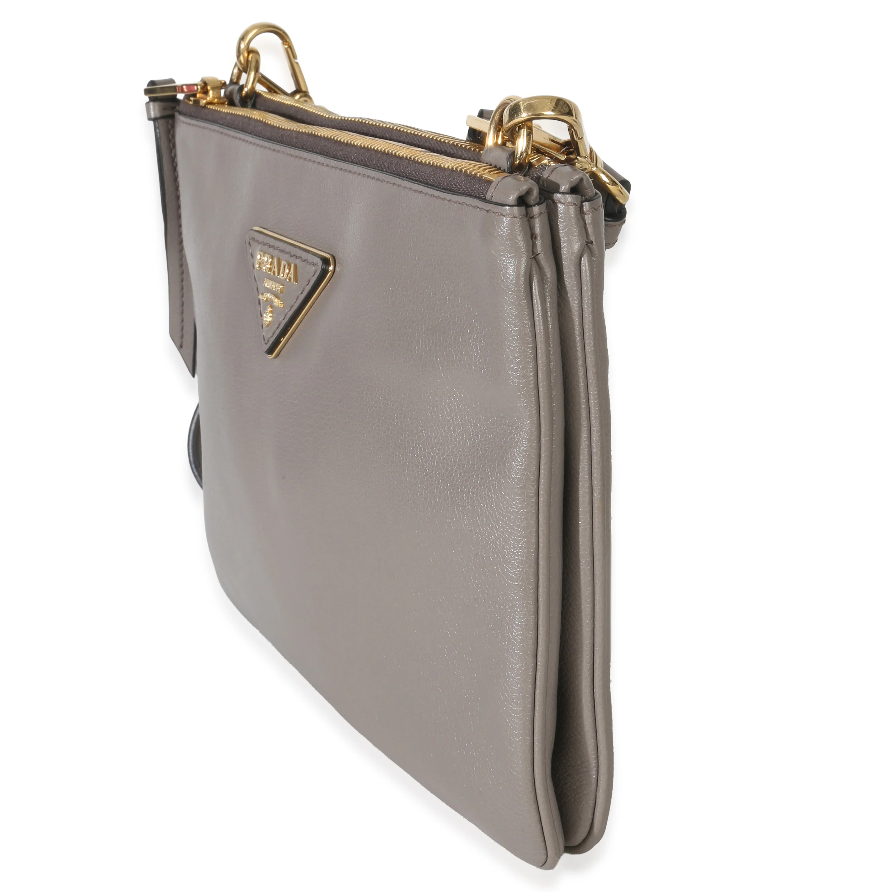 Grey Calfskin Enameled Metal Triangle Crossbody Bag - Image 2