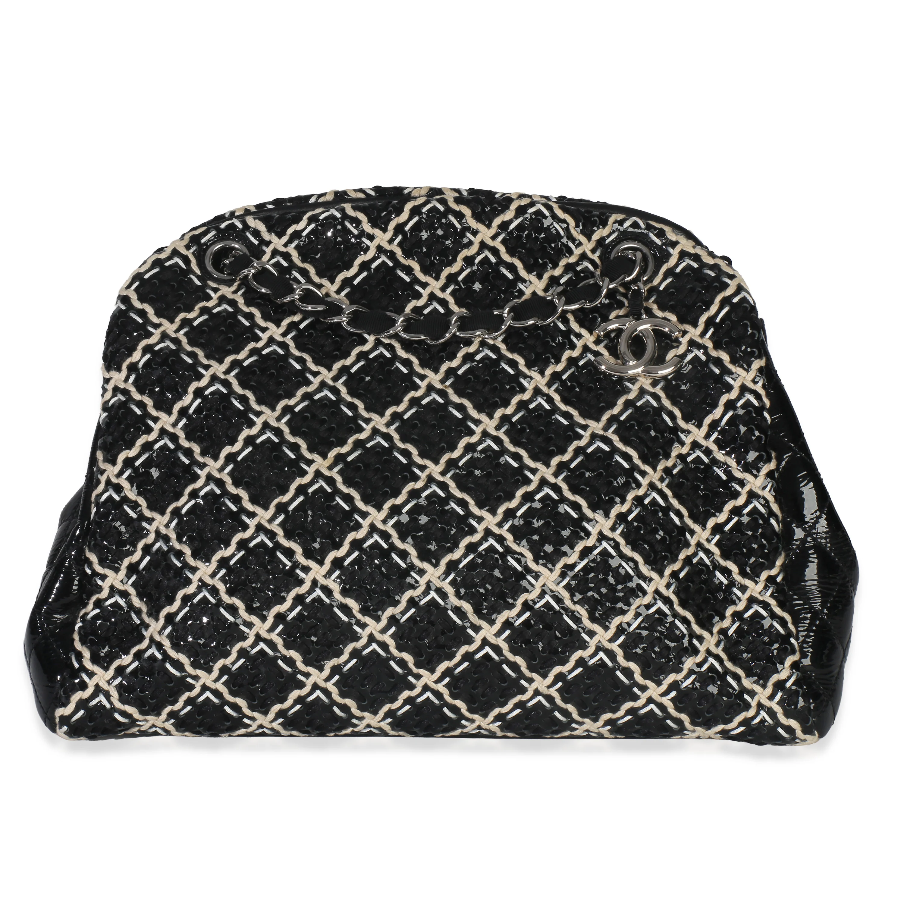 Black Beige Tweed Patent Woven Medium Just Mademoiselle Bowling Bag