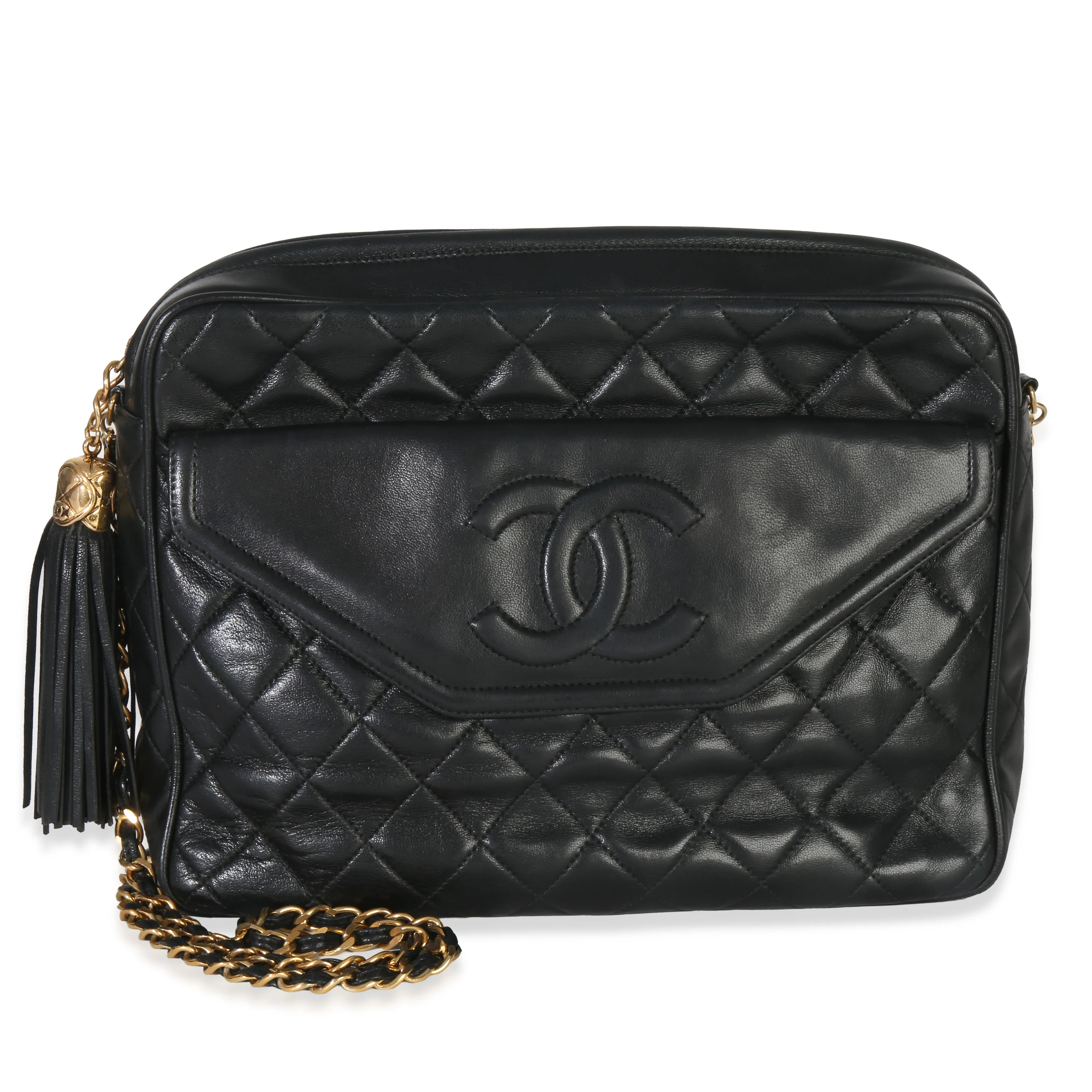Vintage 24K Black Quilted Lambskin Tassel Camera Bag