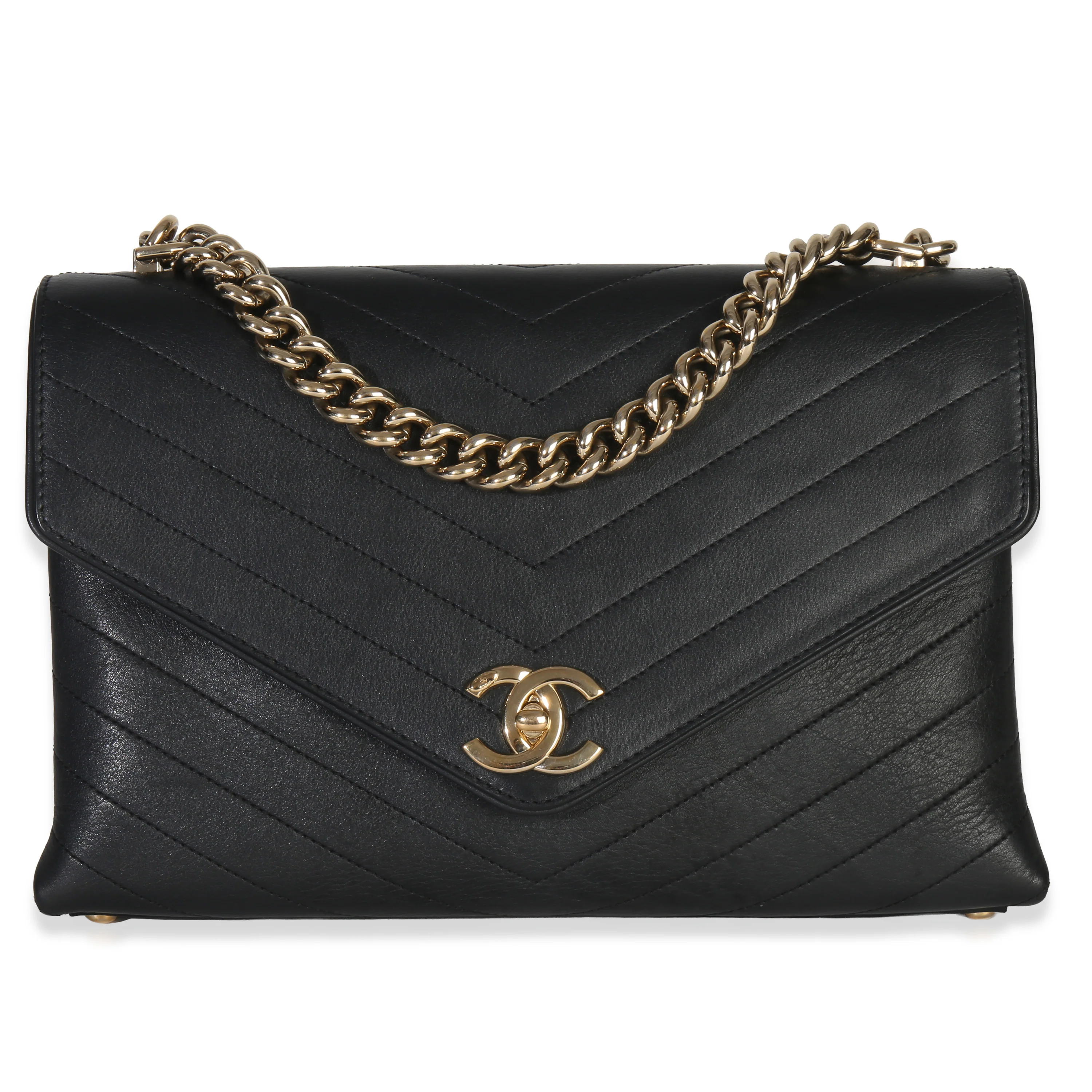 Black Coco Chevron Lambskin Envelope Flap Bag
