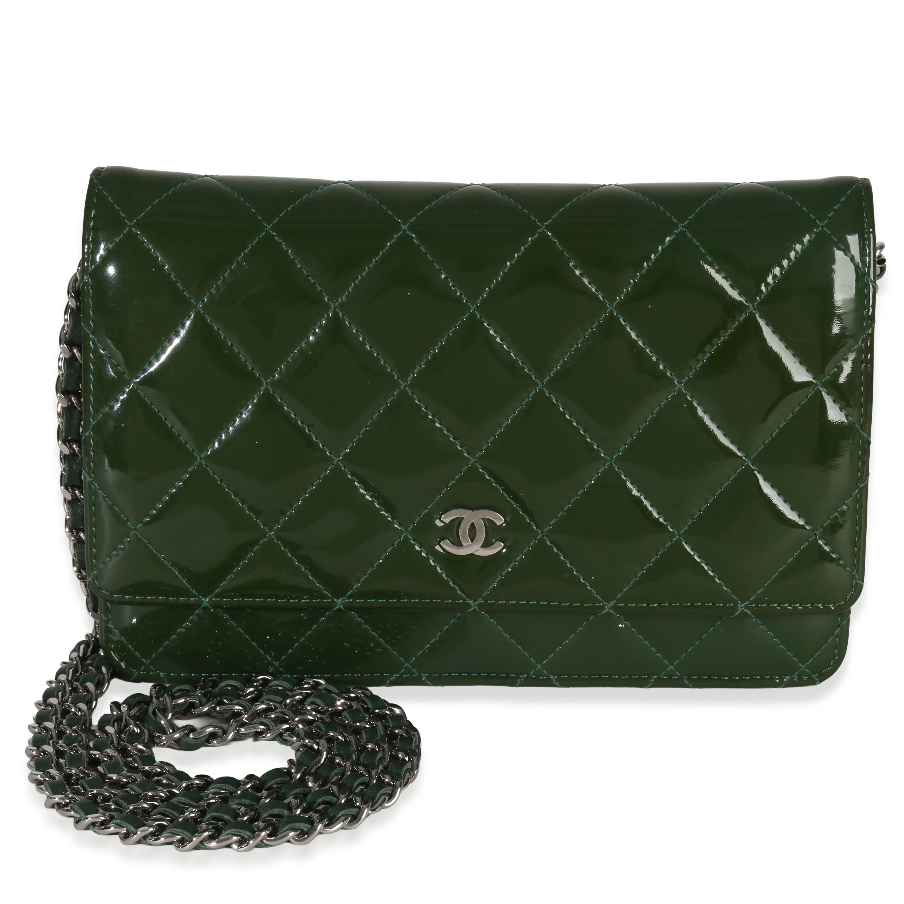 Green Quilted Patent Classic Wallet on Chain