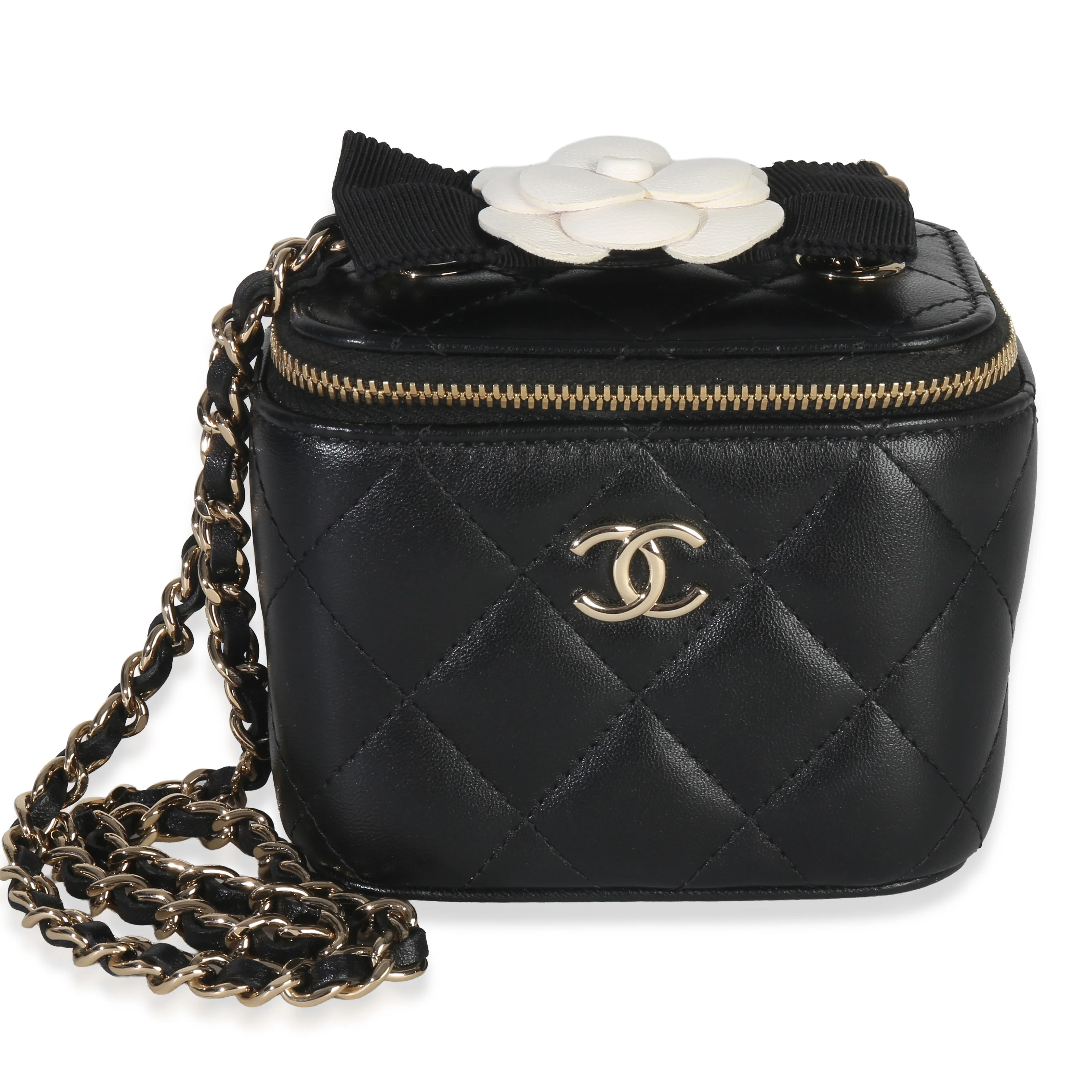 Black Quilted Lambskin Camellia Bow Chain Mini Vanity Case
