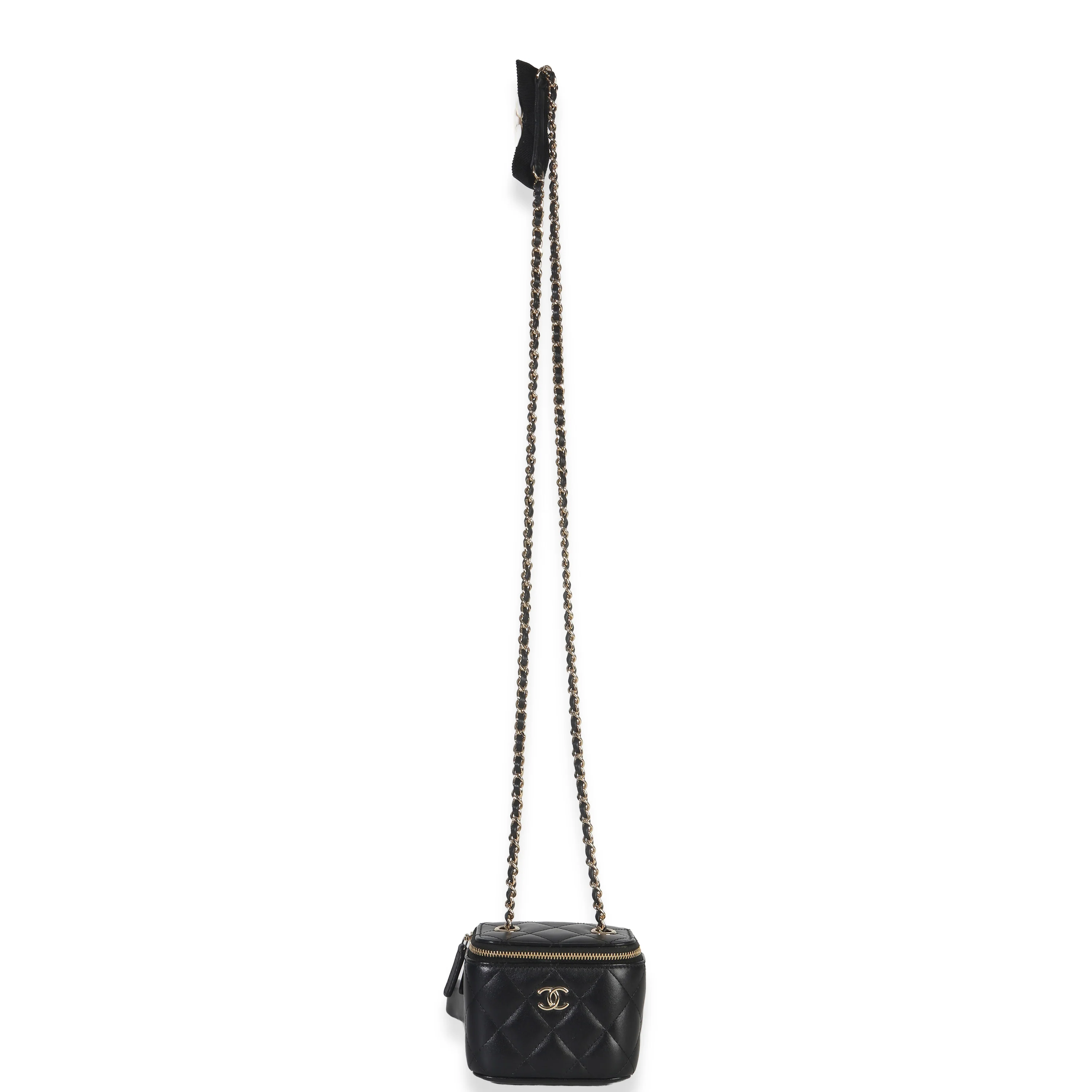 Black Quilted Lambskin Camellia Bow Chain Mini Vanity Case - Image 8