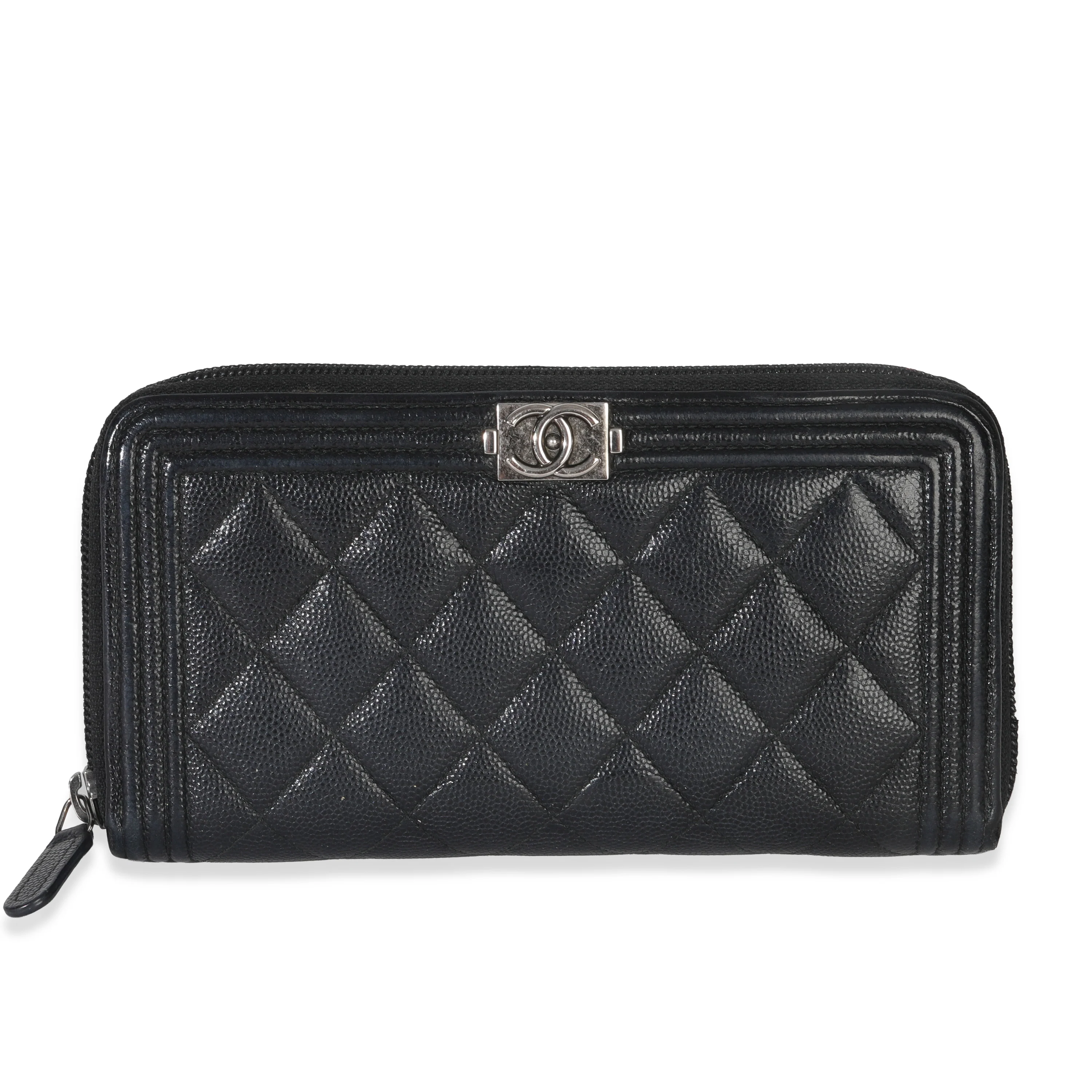 Black Quilted Caviar Zip Around Boy Long Wallet