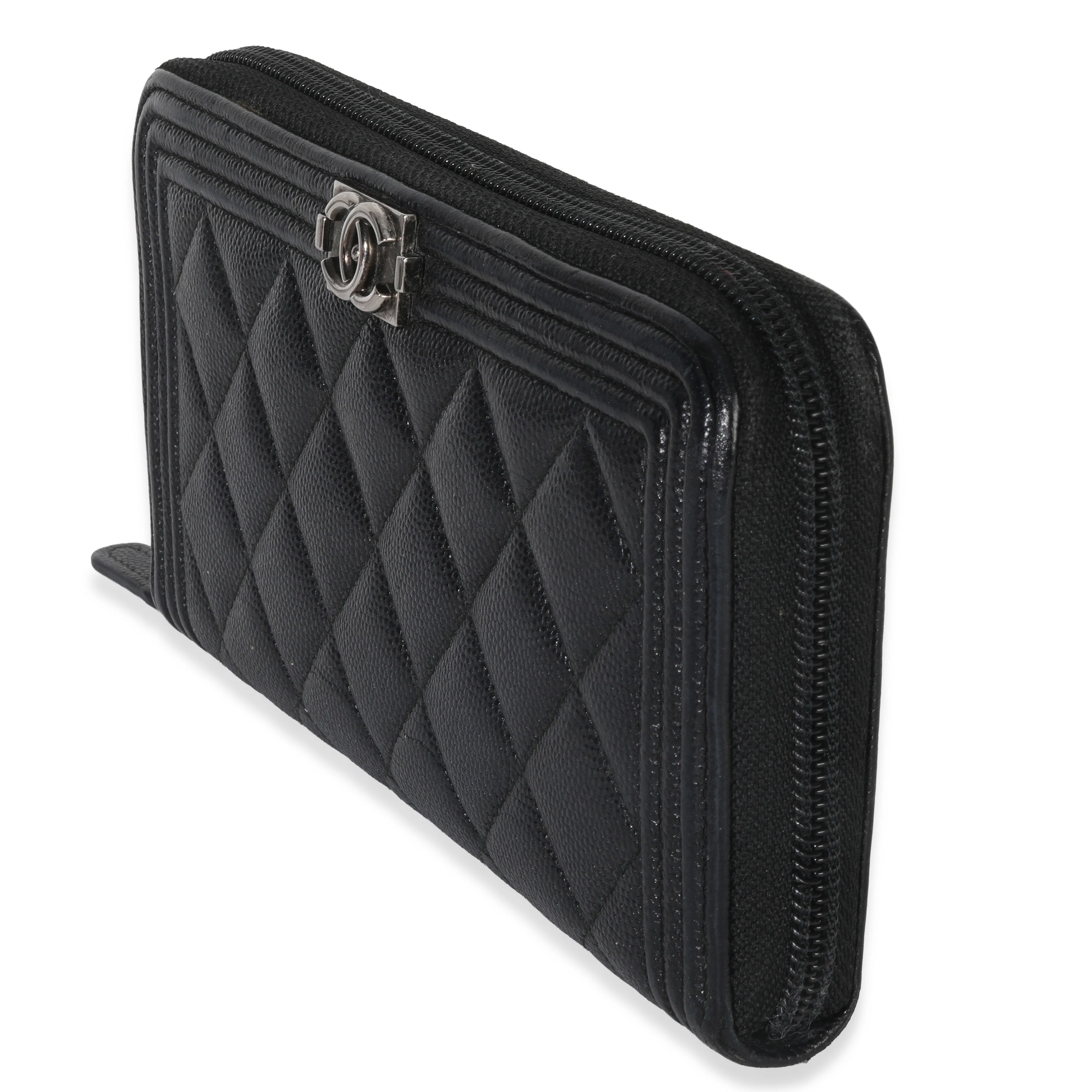 Black Quilted Caviar Zip Around Boy Long Wallet - Image 2