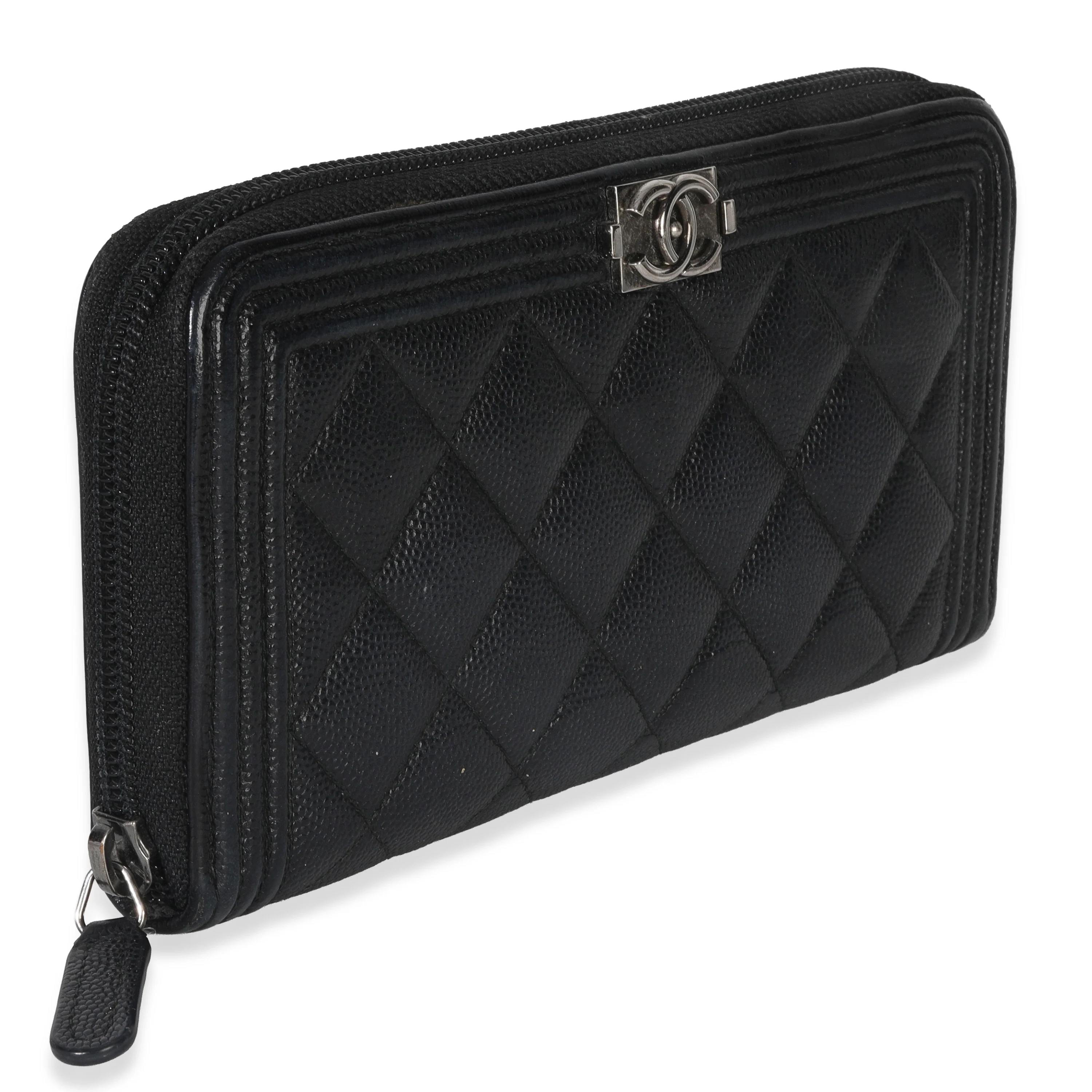 Black Quilted Caviar Zip Around Boy Long Wallet - Image 3