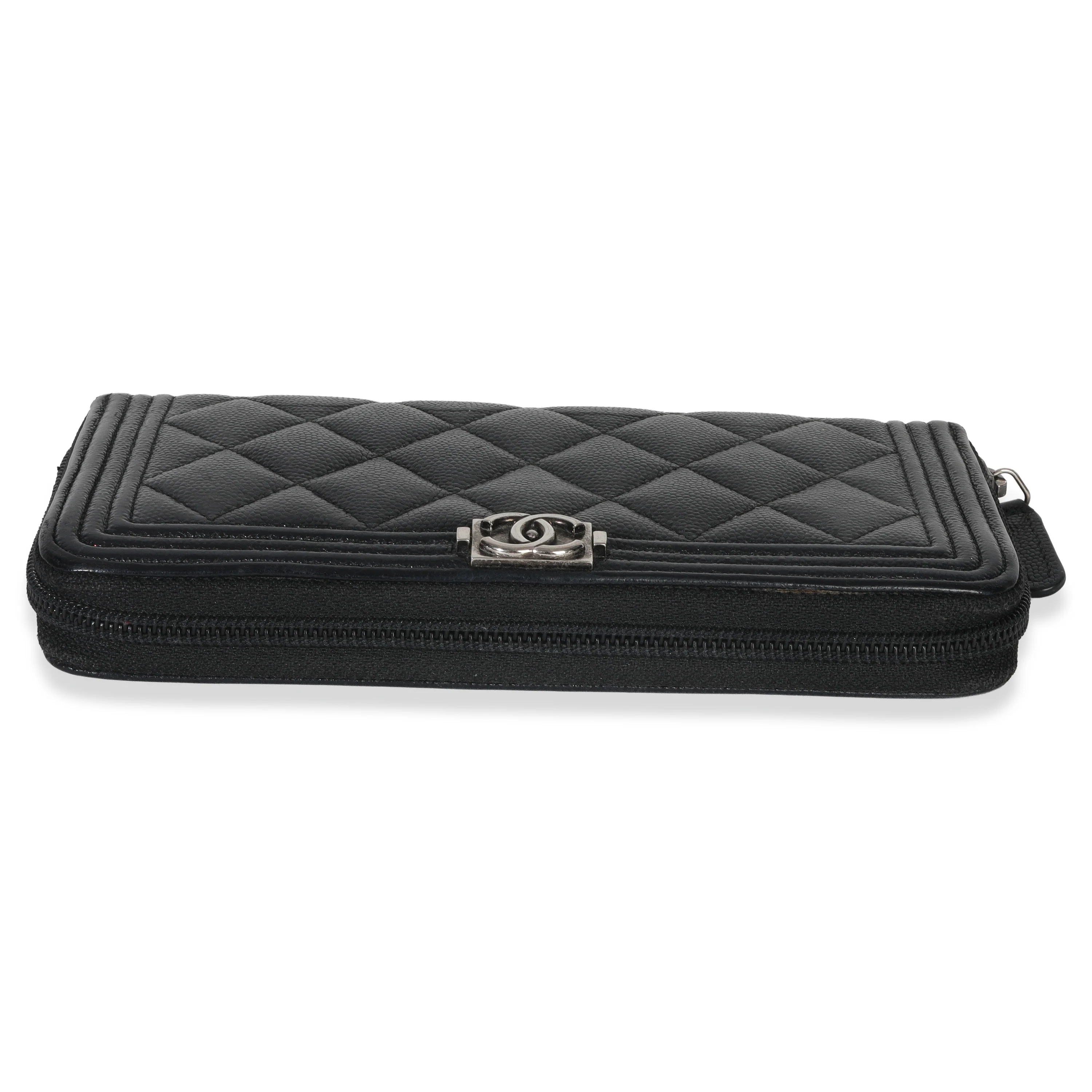 Black Quilted Caviar Zip Around Boy Long Wallet - Image 5