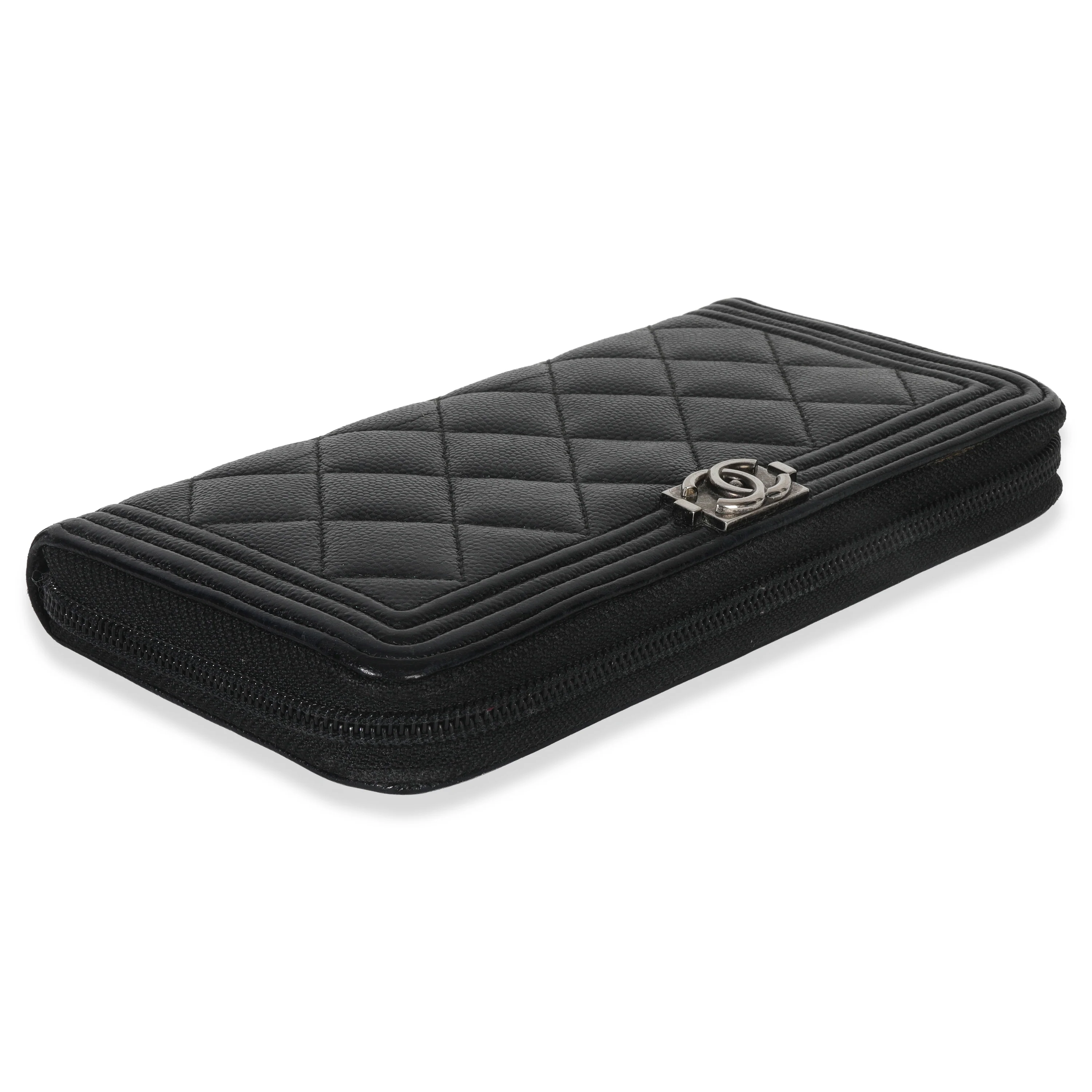 Black Quilted Caviar Zip Around Boy Long Wallet - Image 6