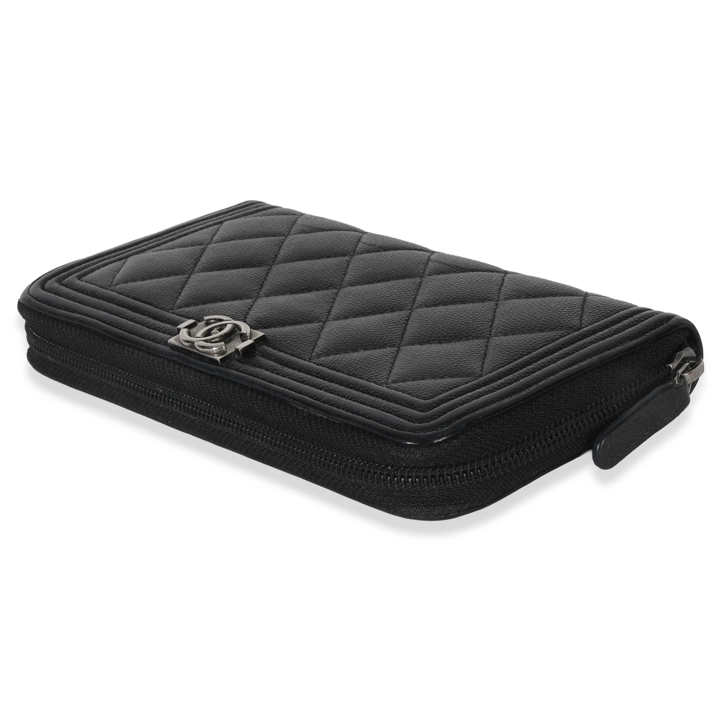 Black Quilted Caviar Zip Around Boy Long Wallet - Image 7