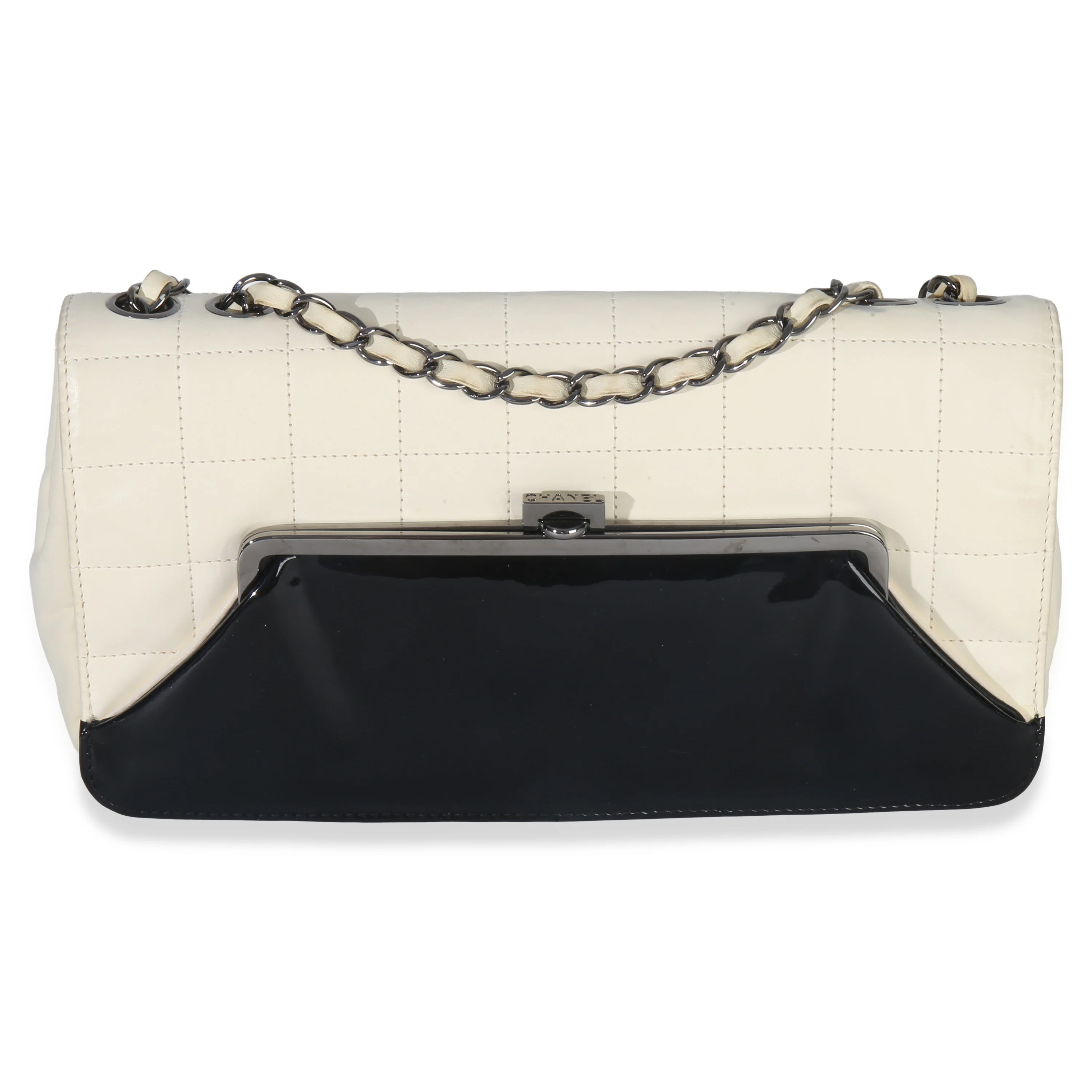Black White Lambskin Chocolate Bar Bicolor Kiss-Lock Flap
