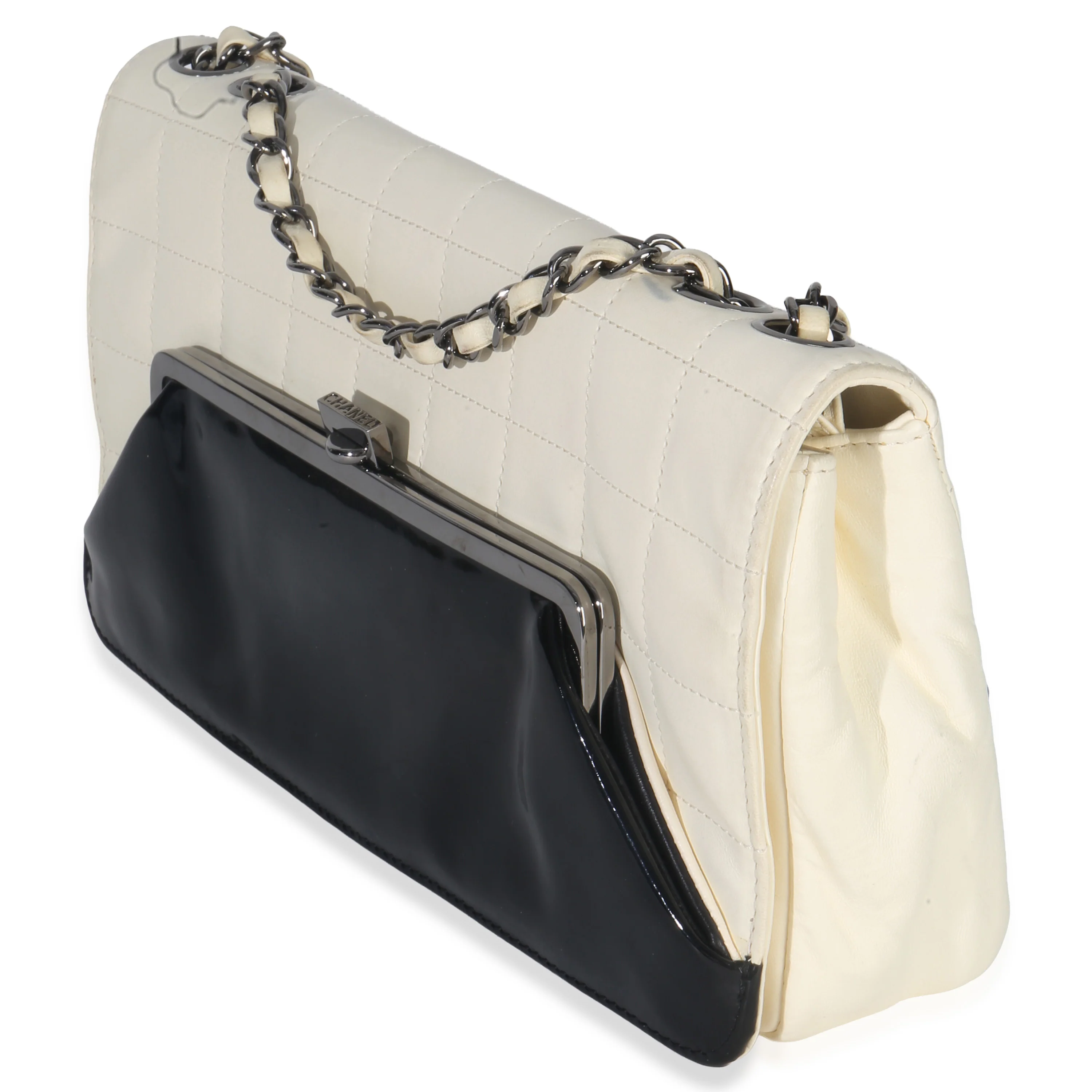 Black White Lambskin Chocolate Bar Bicolor Kiss-Lock Flap - Image 2