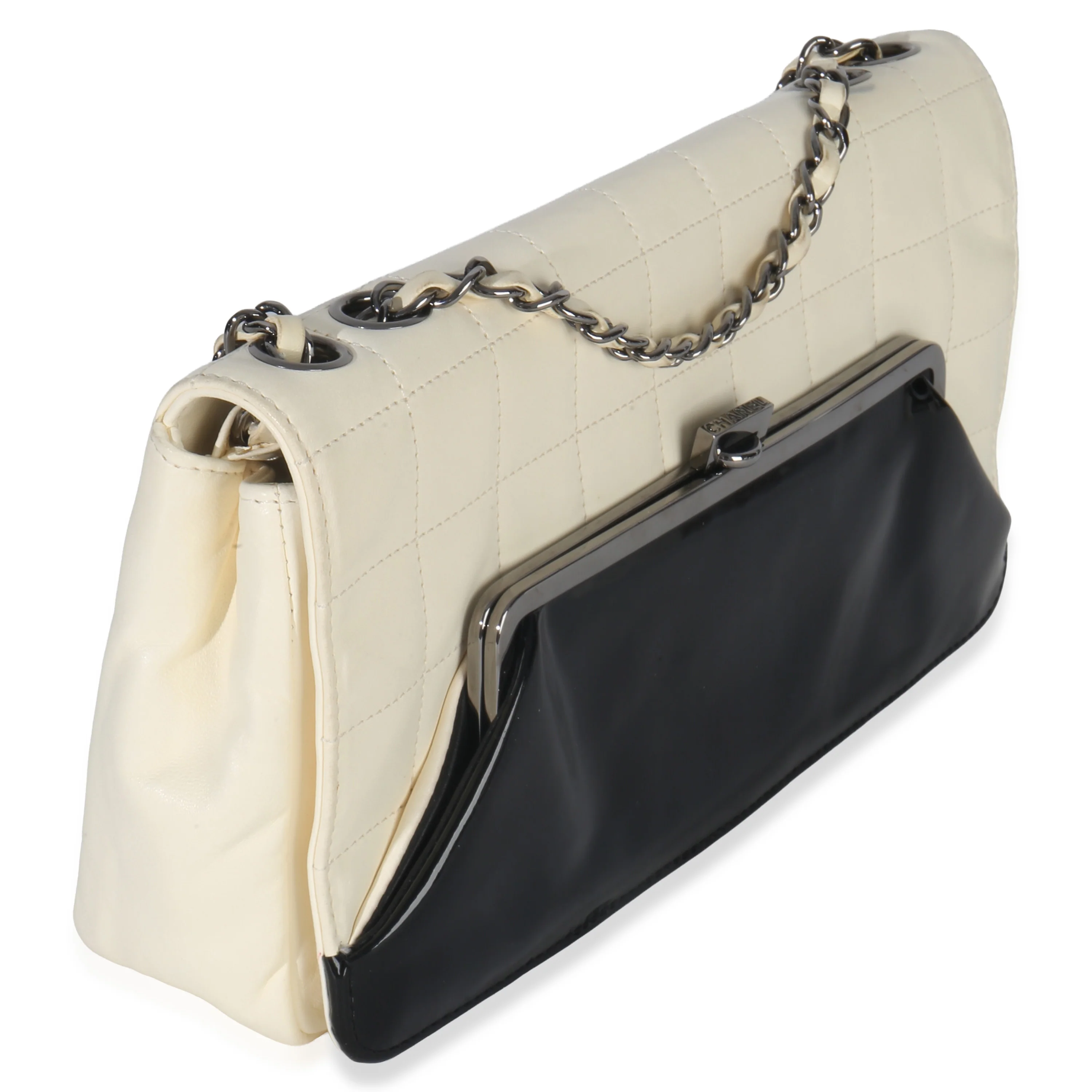 Black White Lambskin Chocolate Bar Bicolor Kiss-Lock Flap - Image 3