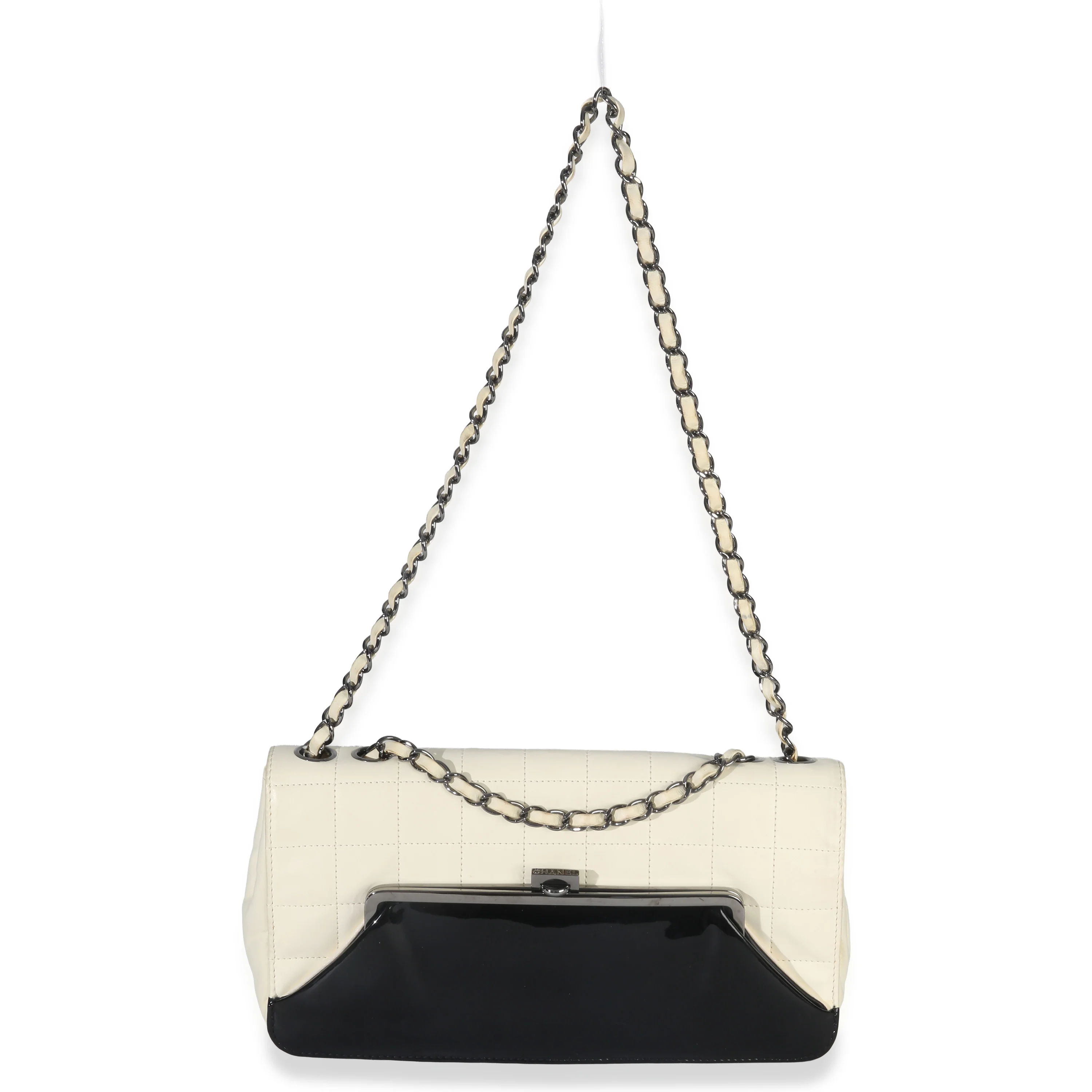 Black White Lambskin Chocolate Bar Bicolor Kiss-Lock Flap - Image 8