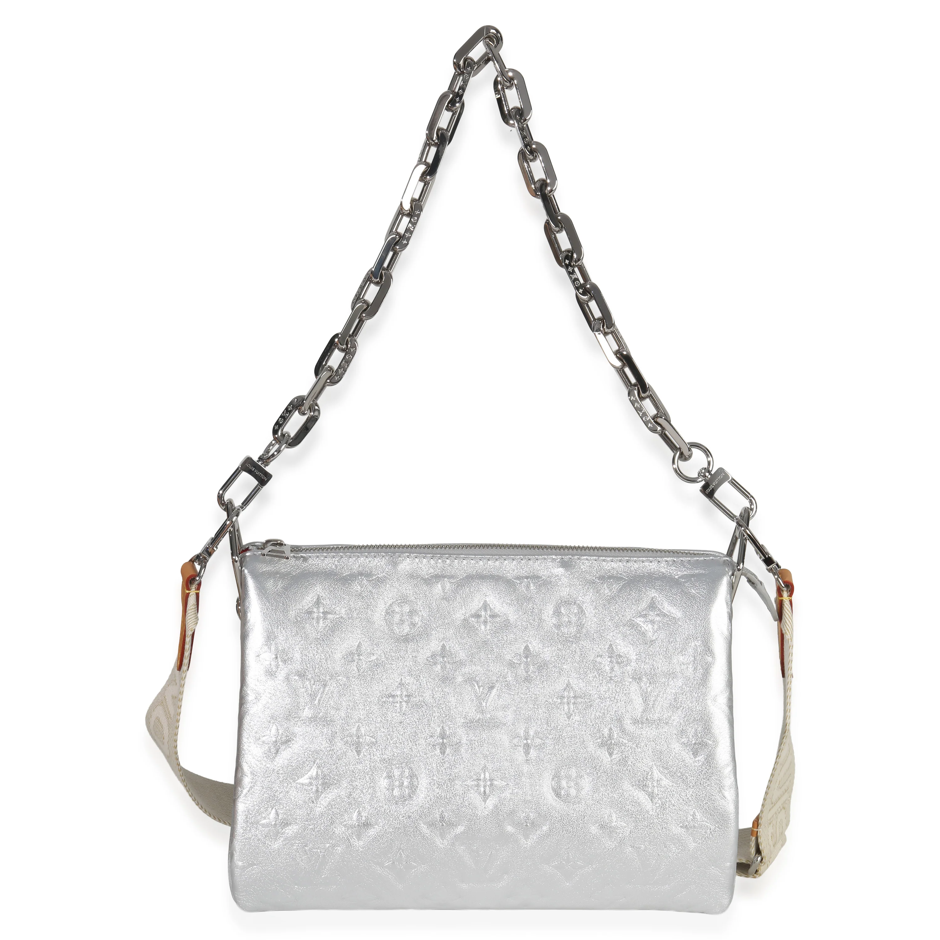 Silver Metallic Monogram Embossed Lambskin Coussin PM