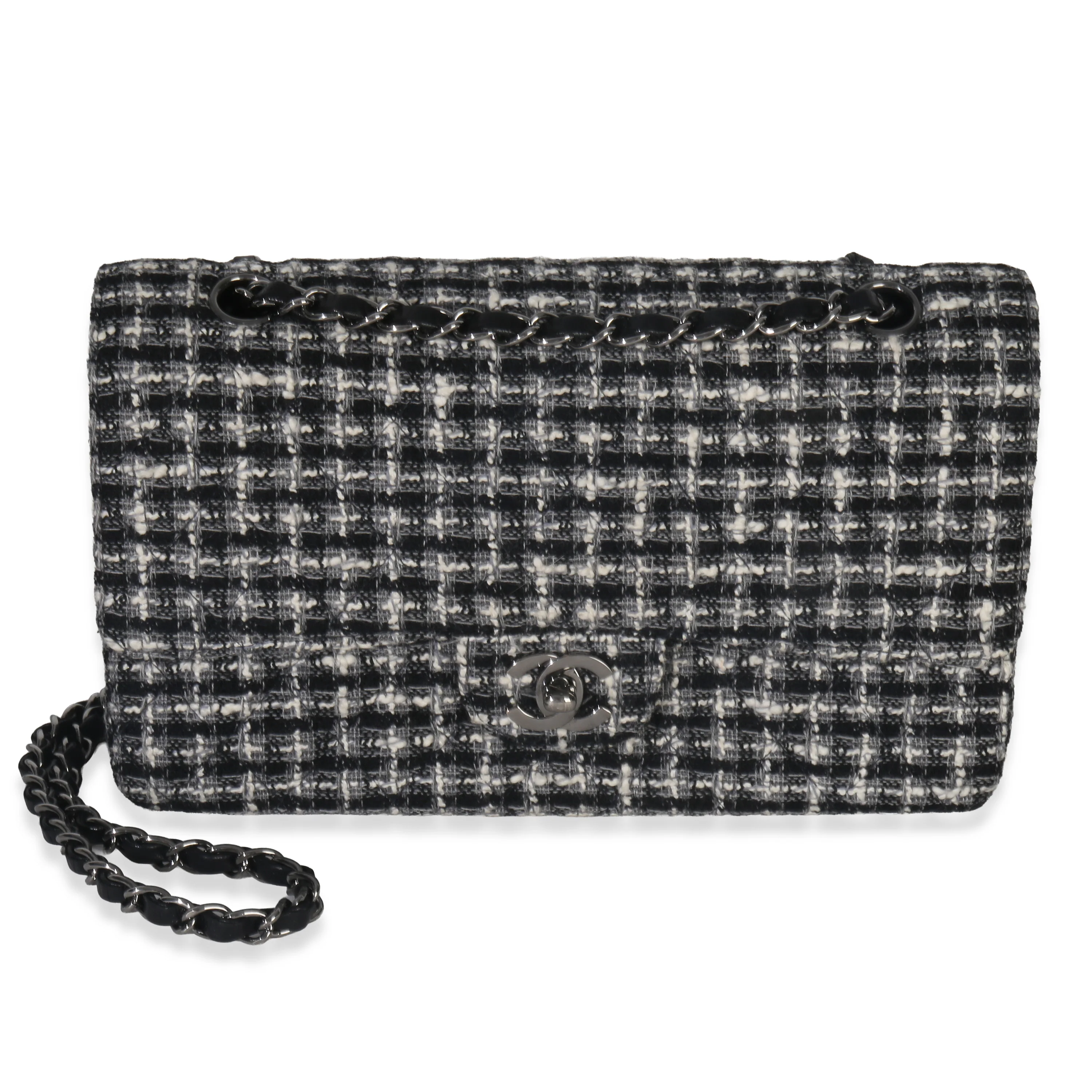 Black White Tweed Quilted Medium Classic Double Flap