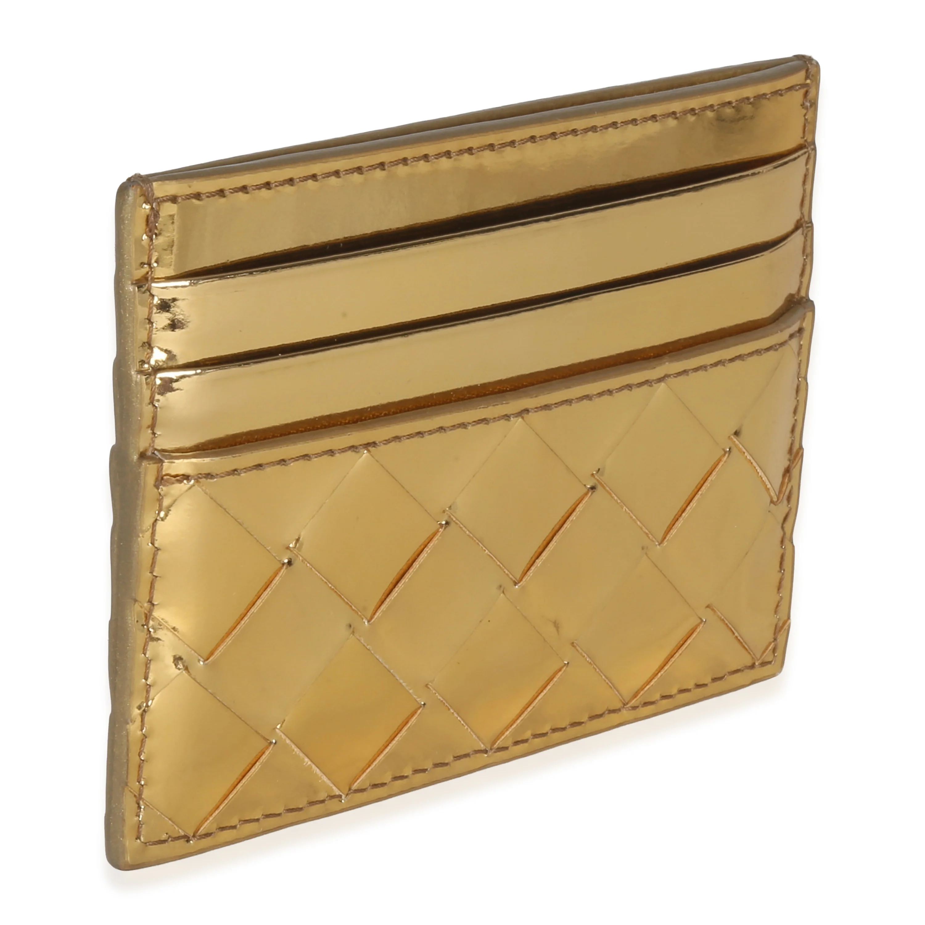Gold Metallic Intrecciato Leather Credit Card Case - Image 3