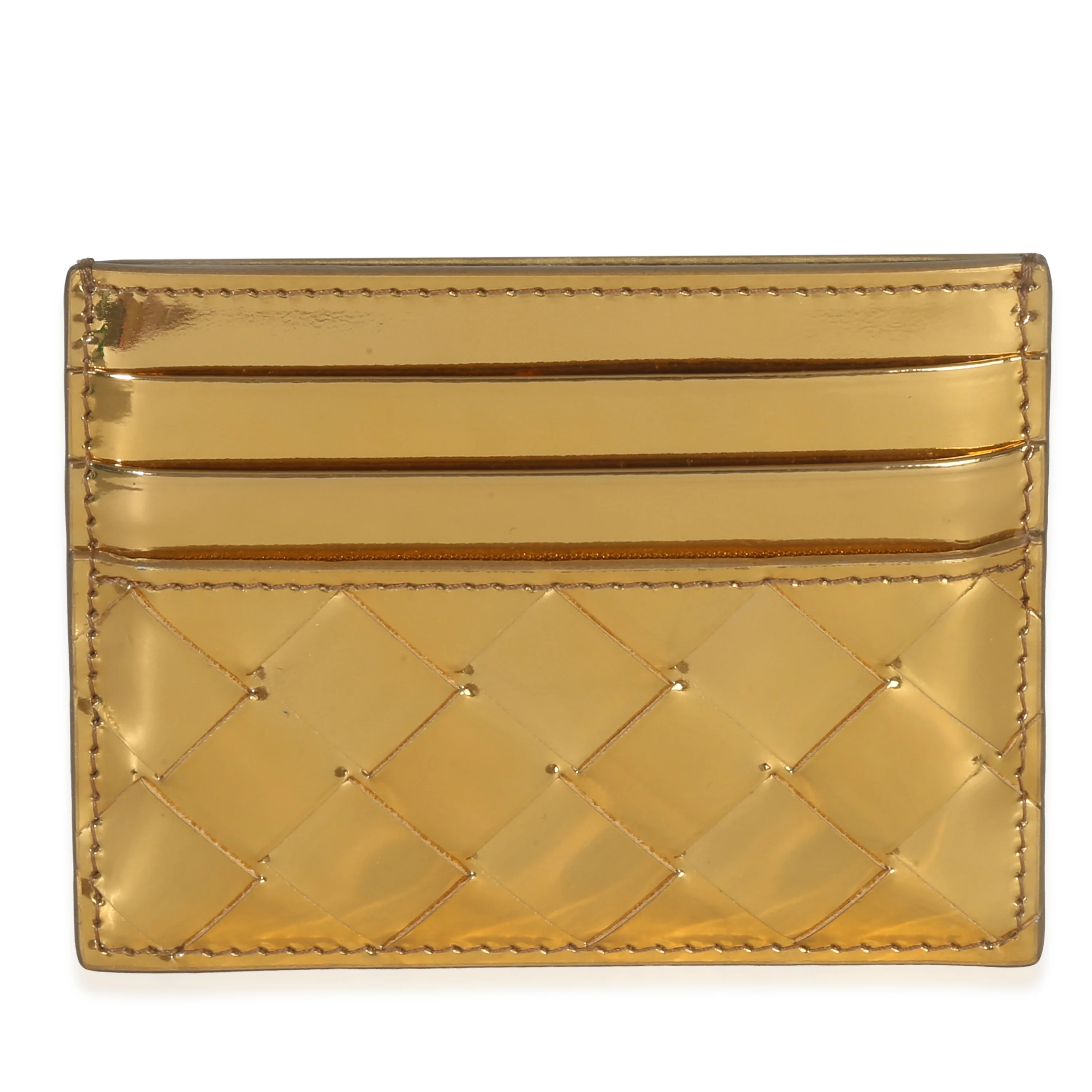 Gold Metallic Intrecciato Leather Credit Card Case - Image 4
