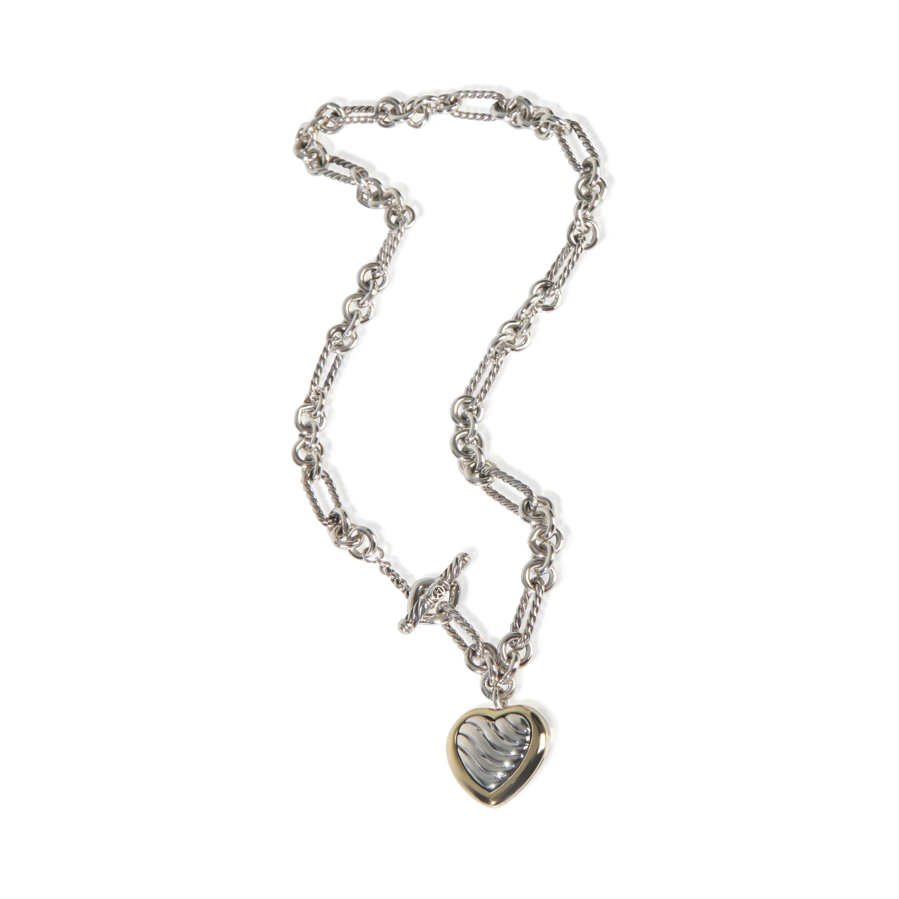 Yellow Gold & Sterling Silver Figaro Link With Heart Charm Necklac - Image 3