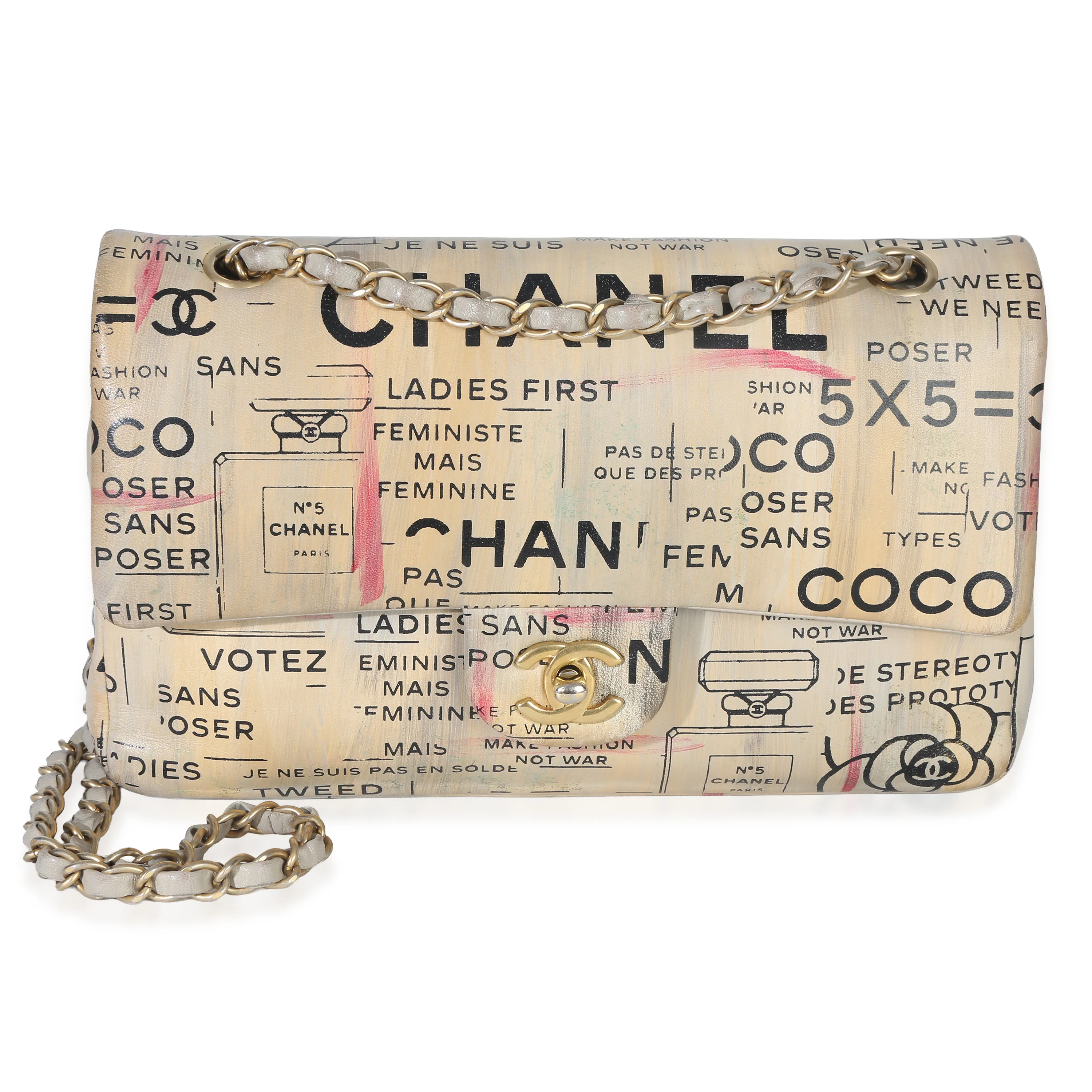 Multicolor Newspaper Print Lambskin Medium Double Flap Bag