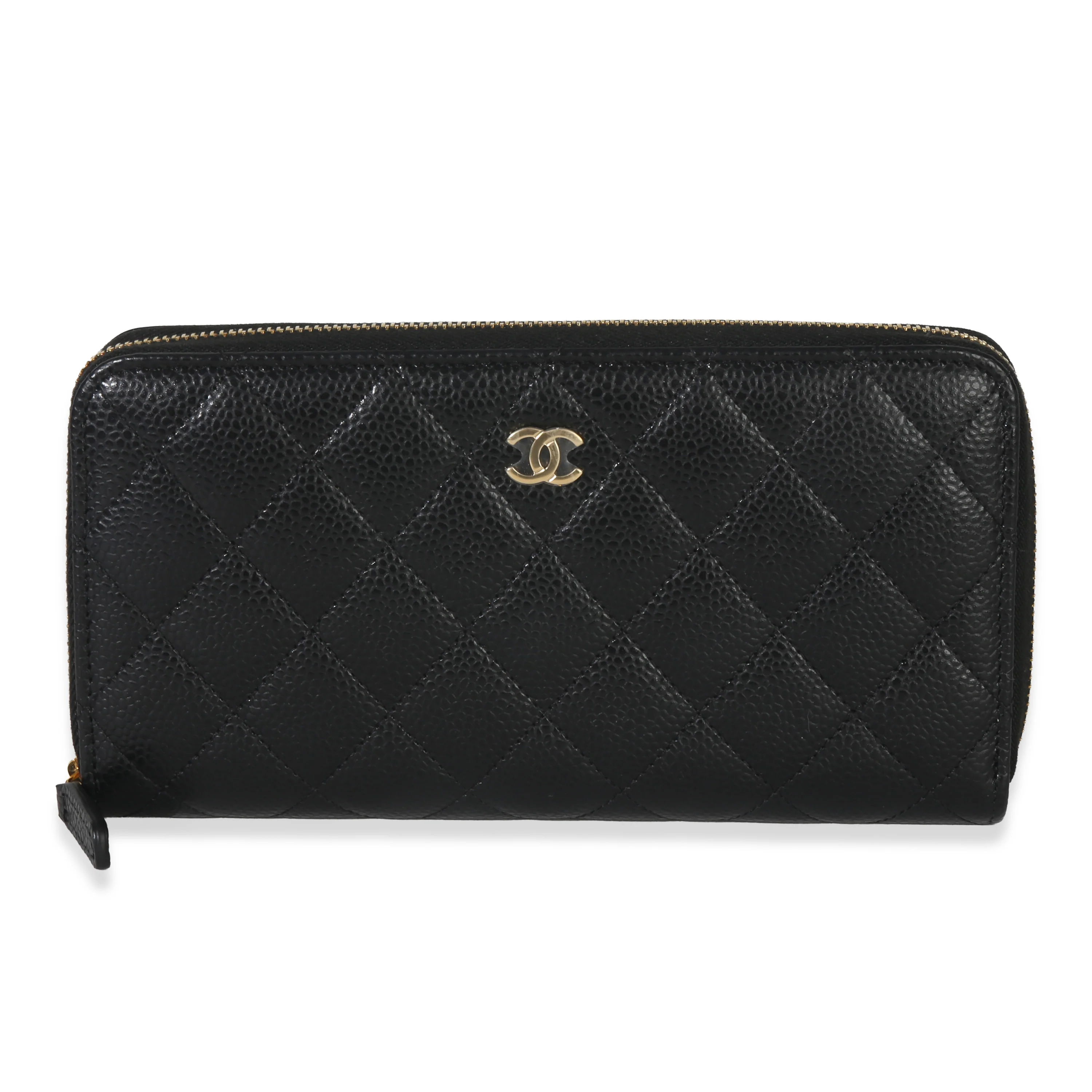 Black Quilted Caviar Large Gusset Zip Around Wallet