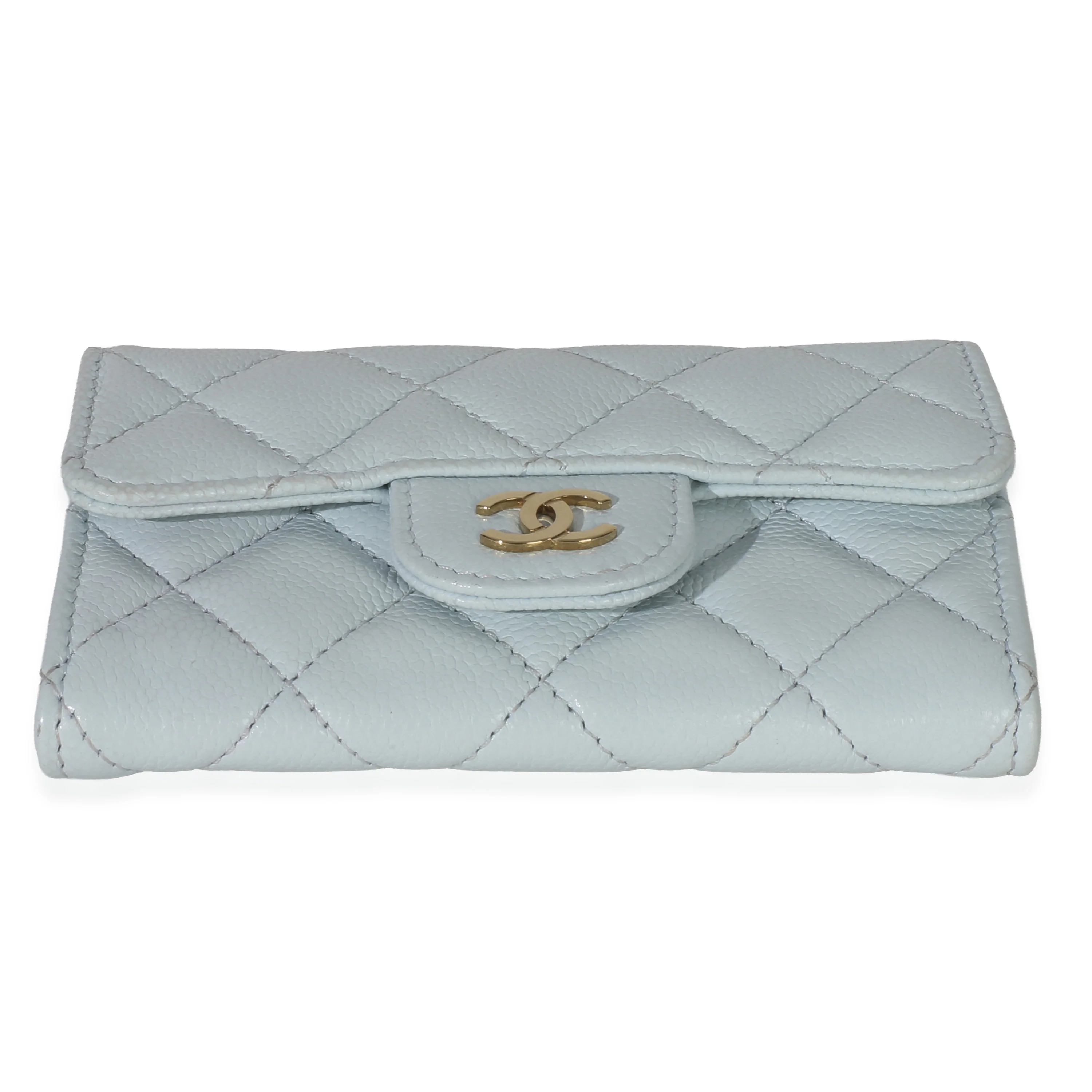 Light Blue Quilted Caviar Flap Card Holder Handbag - Image 5