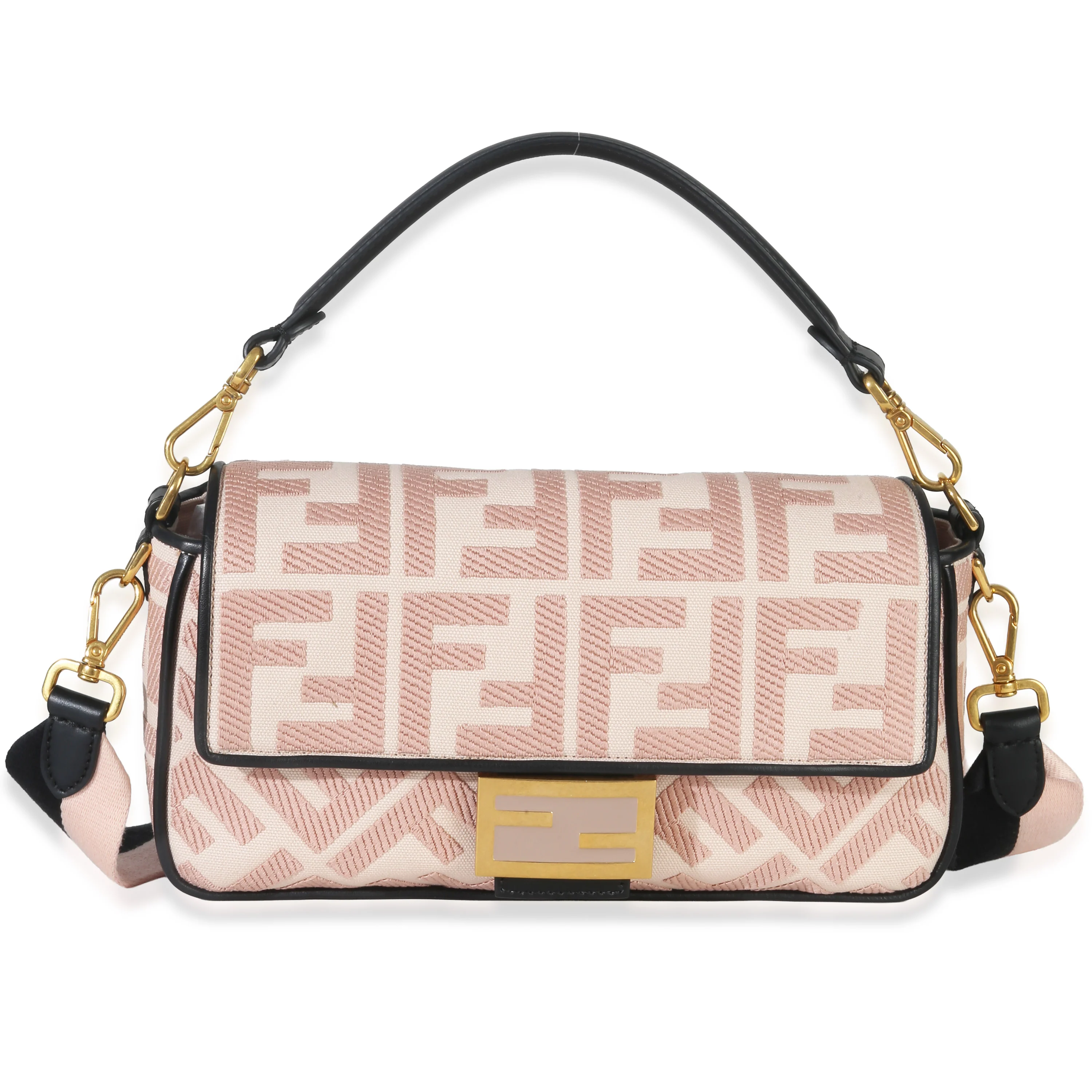 Pink Black FF Embroidery Canvas Medium Baguette