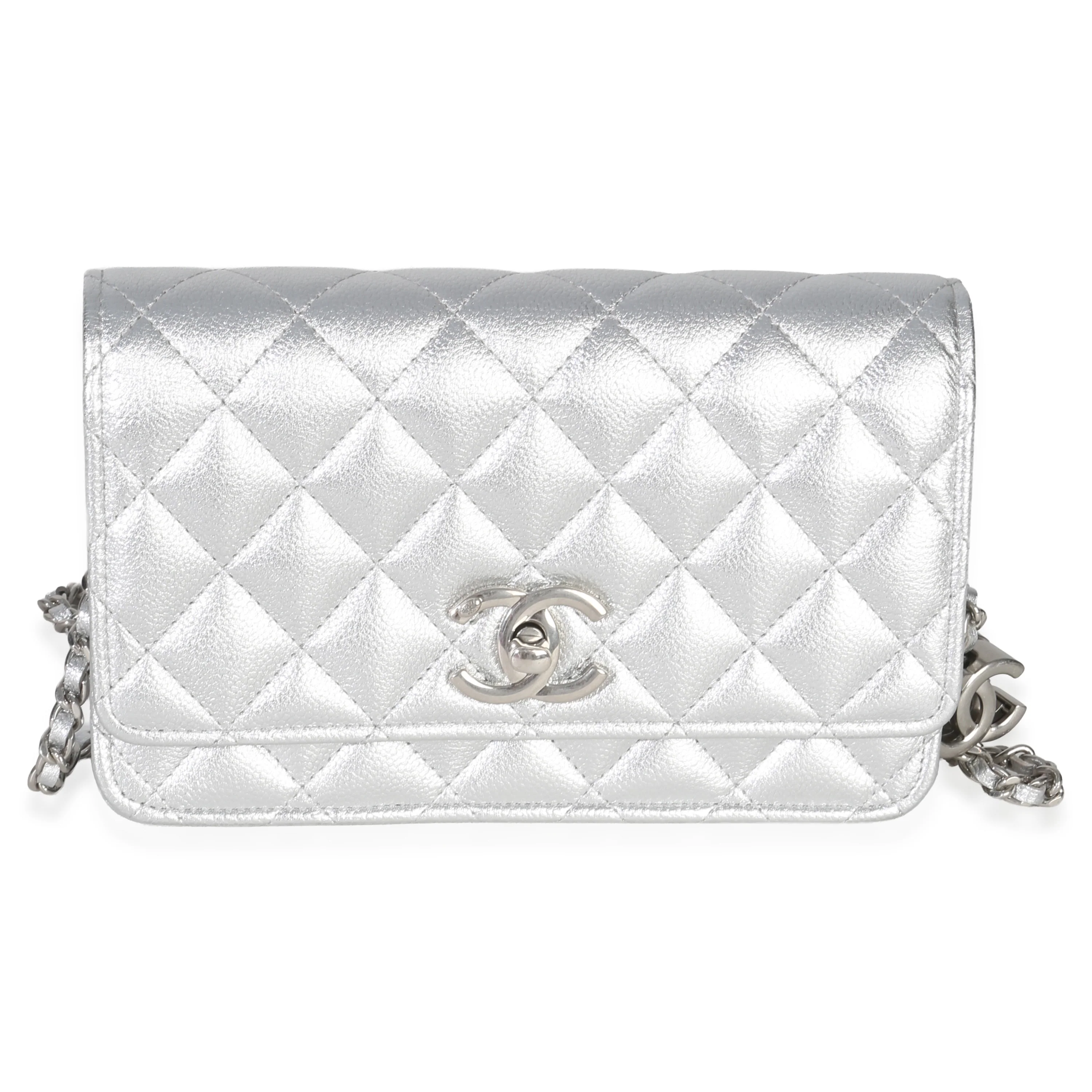 Silver Metallic Quilted Caviar Wallet On Chain