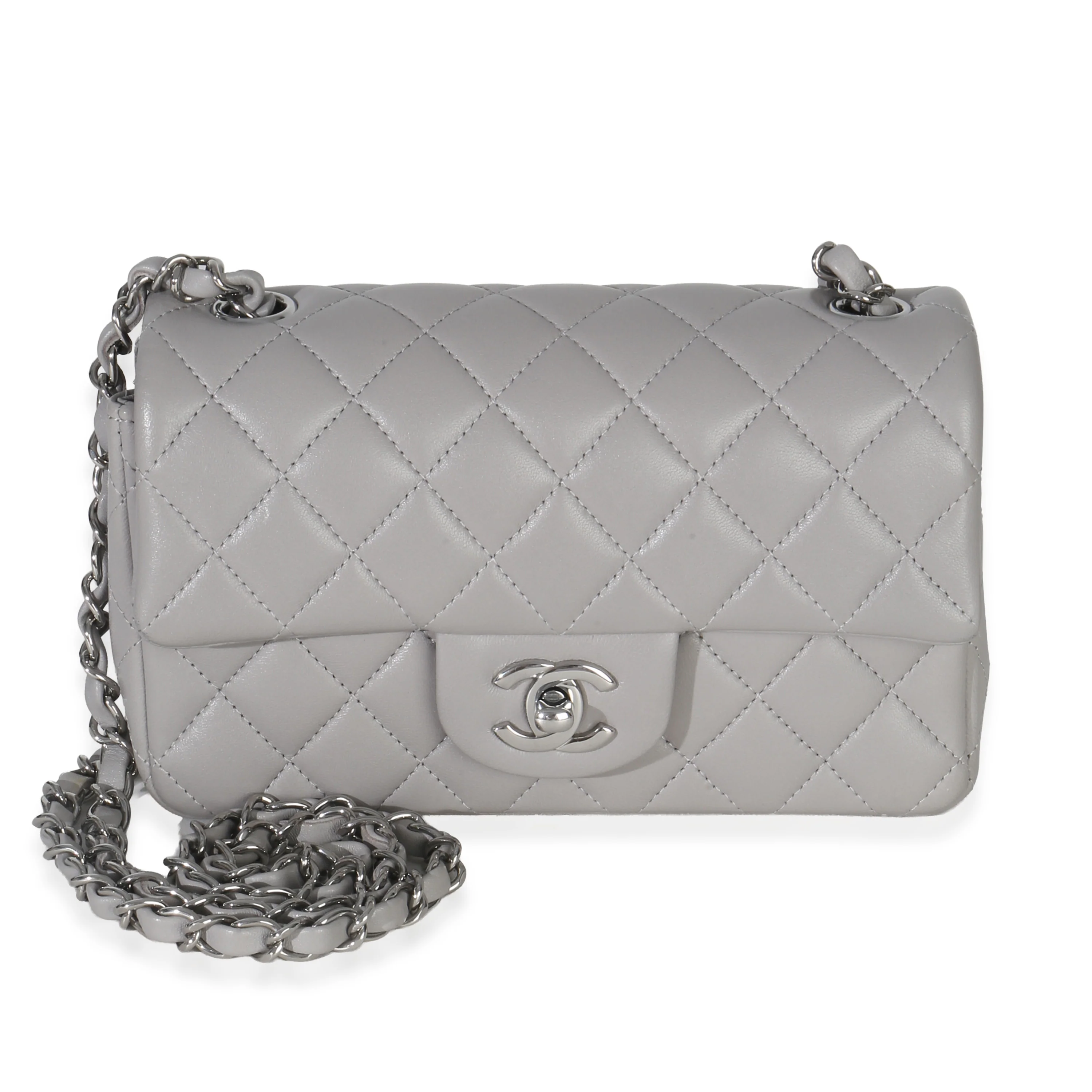 Grey Quilted Lambskin Mini Rectangular Flap Bag