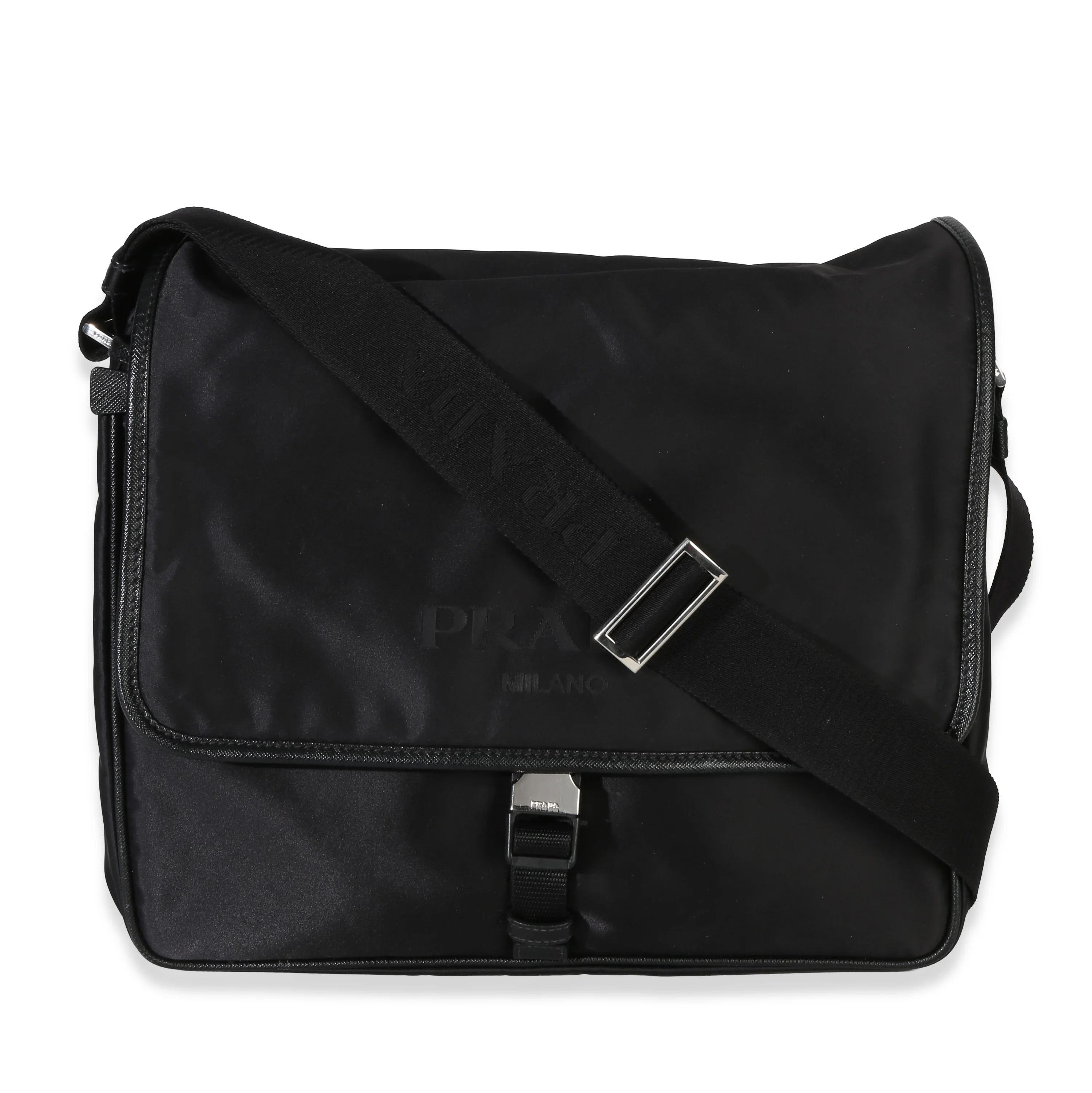 Black Nylon Saffiano Logo Buckle Messenger Bag
