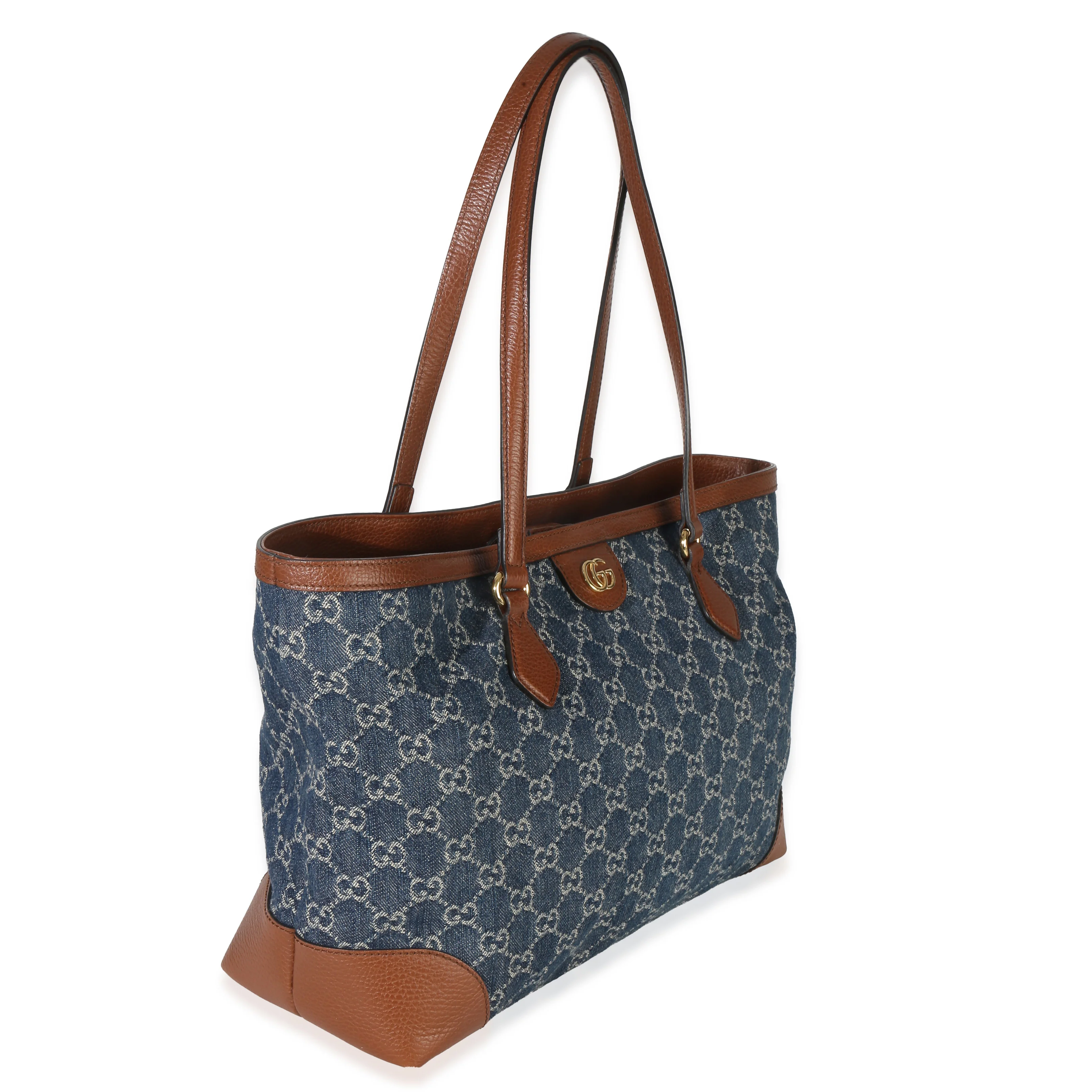 Blue New Denim GG Monogram Dollar Calfskin Medium Ophidia Shopping Tote - Image 3