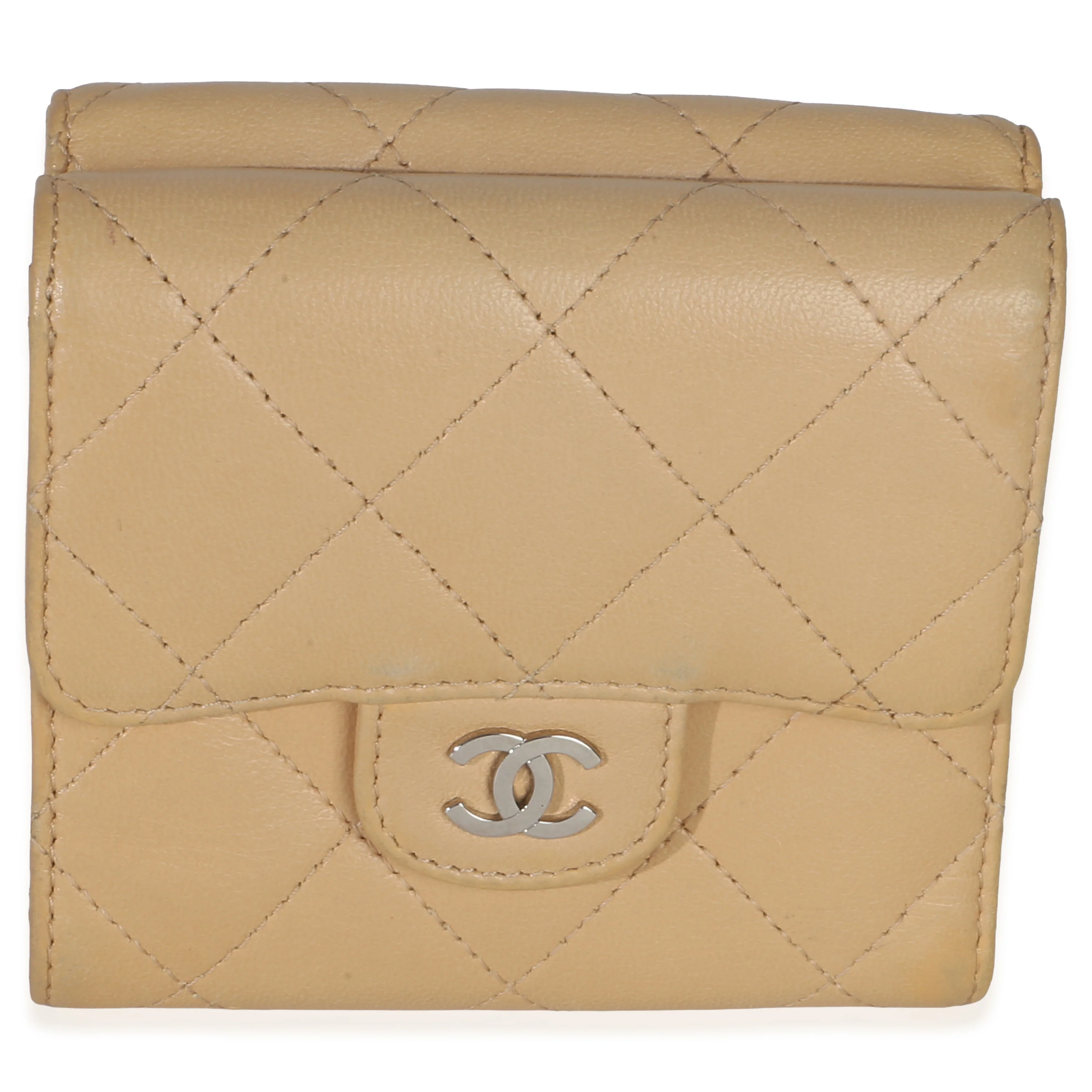Tan Quilted Lambskin Compact Card Holder Wallet