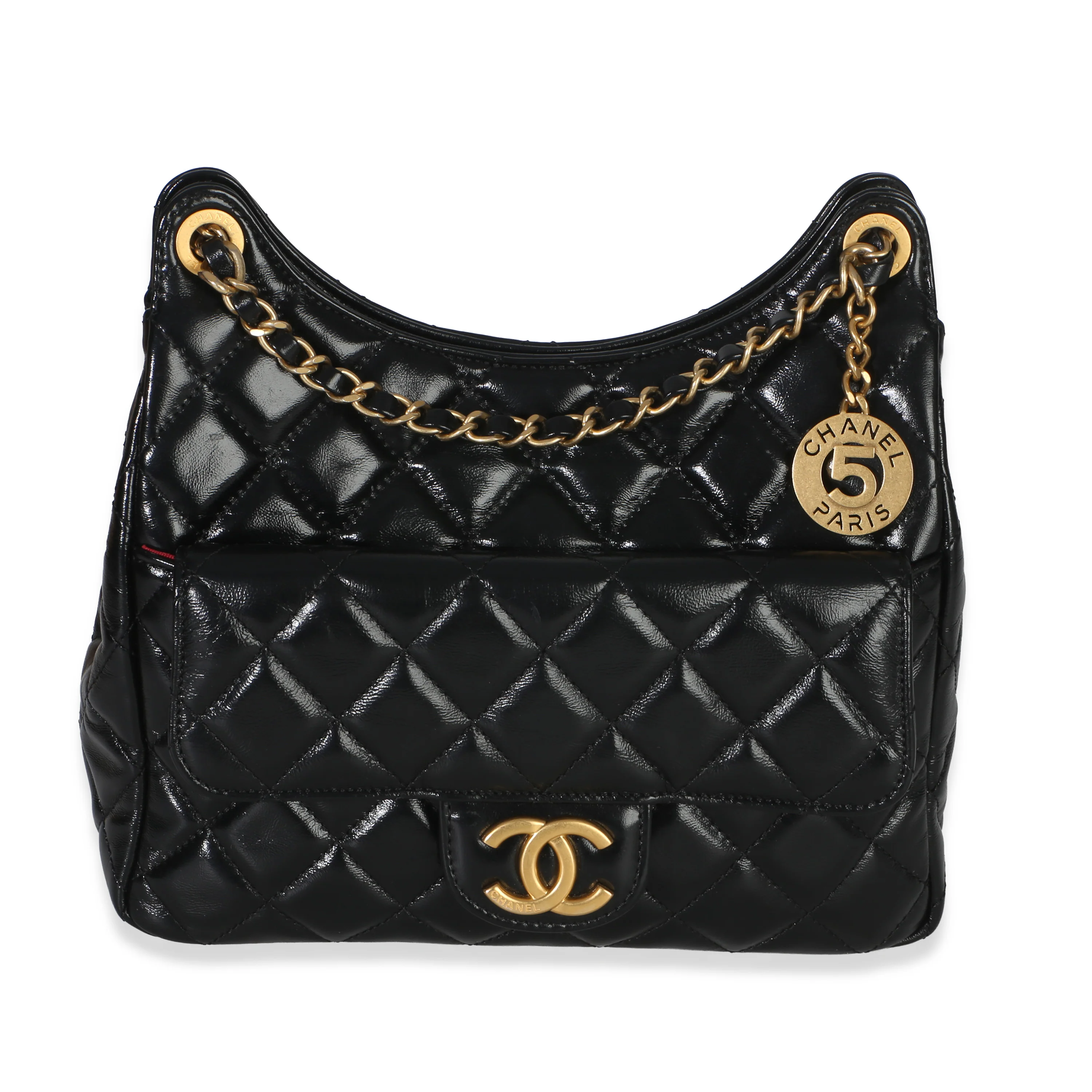 Black Quilted Shiny Crumpled Calfskin Small Wavy CC Hobo