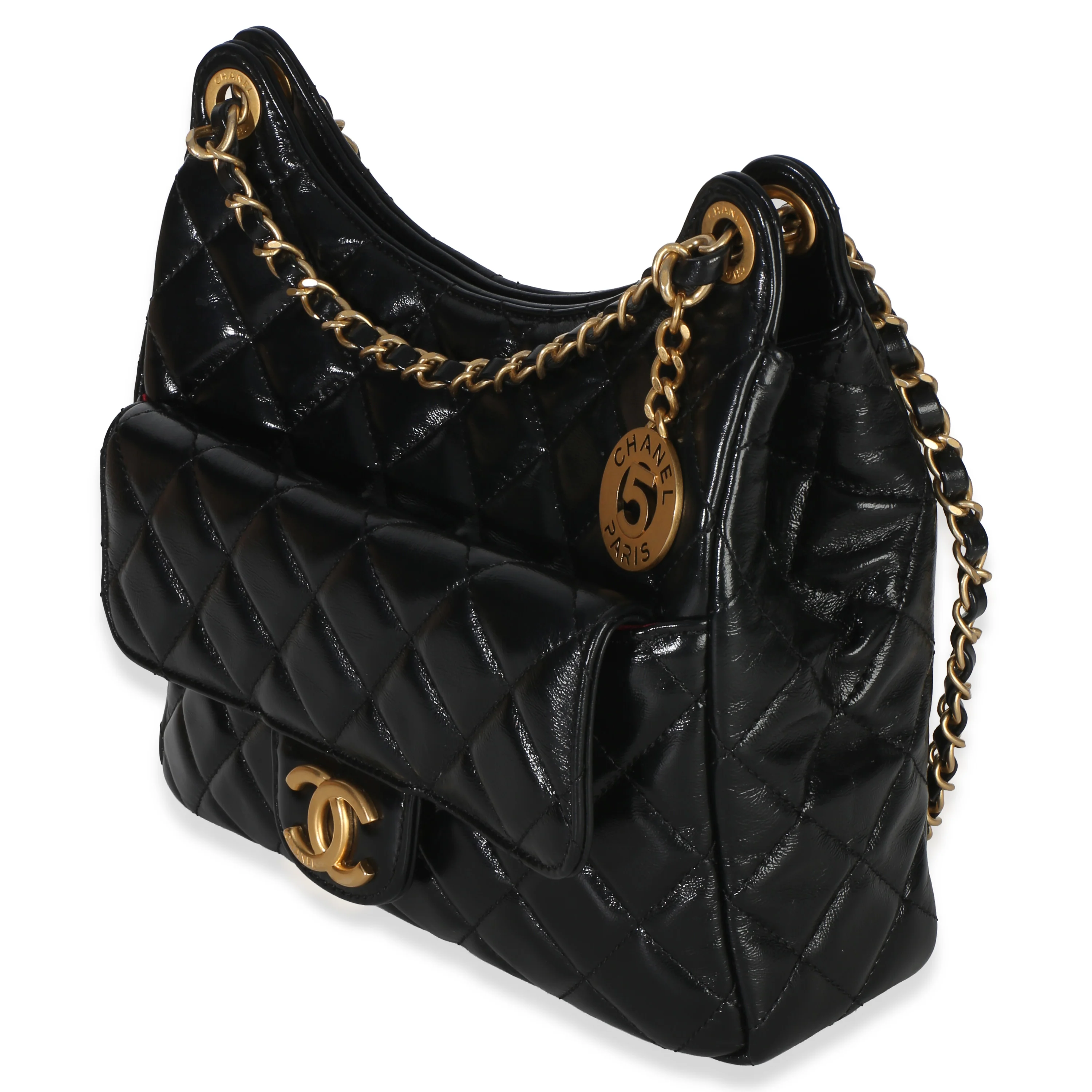 Black Quilted Shiny Crumpled Calfskin Small Wavy CC Hobo - Image 2