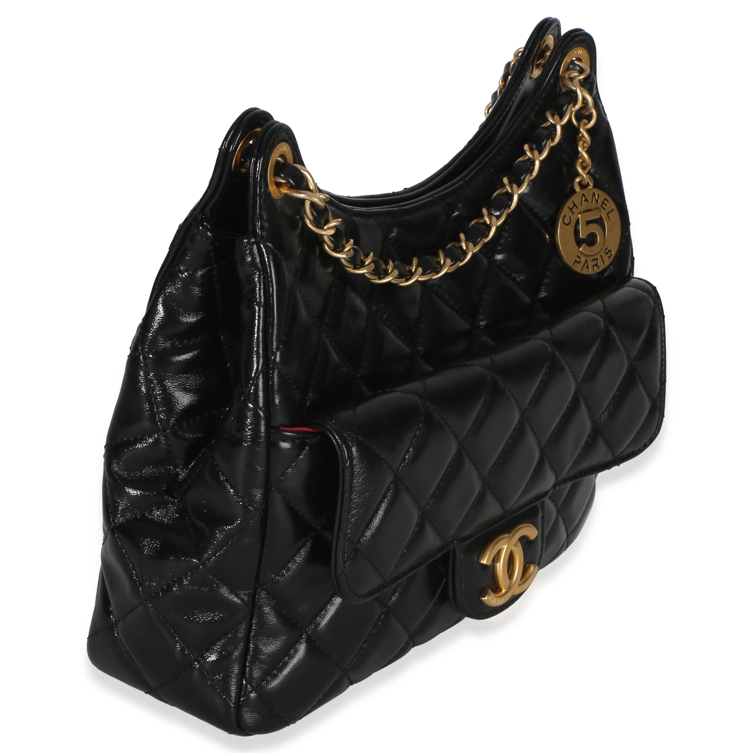 Black Quilted Shiny Crumpled Calfskin Small Wavy CC Hobo - Image 3
