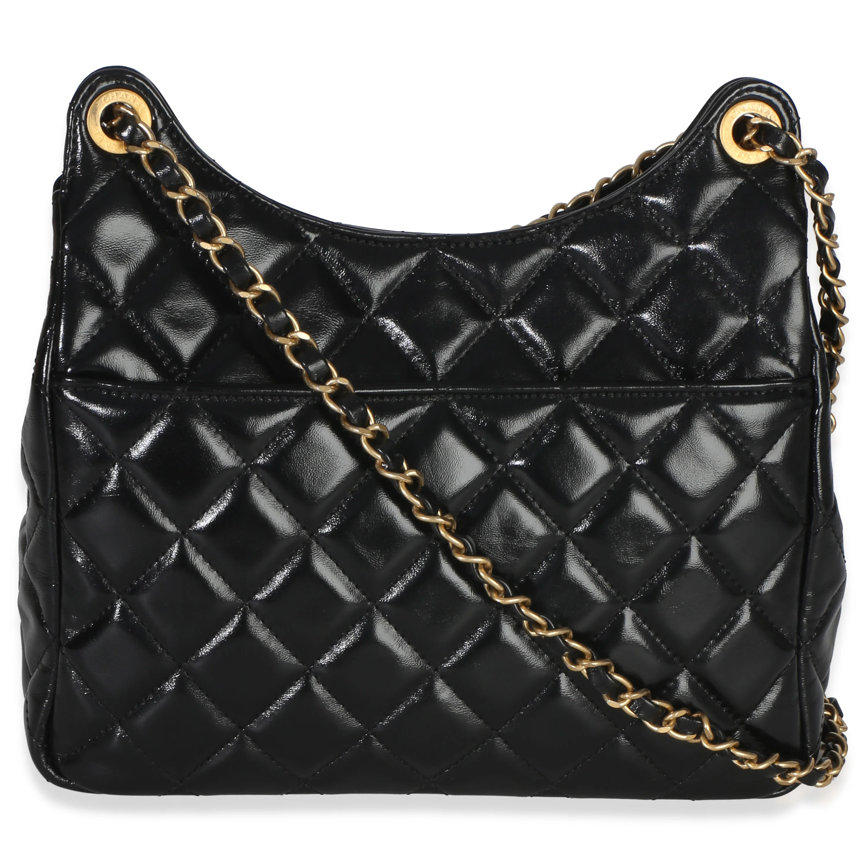 Black Quilted Shiny Crumpled Calfskin Small Wavy CC Hobo - Image 4