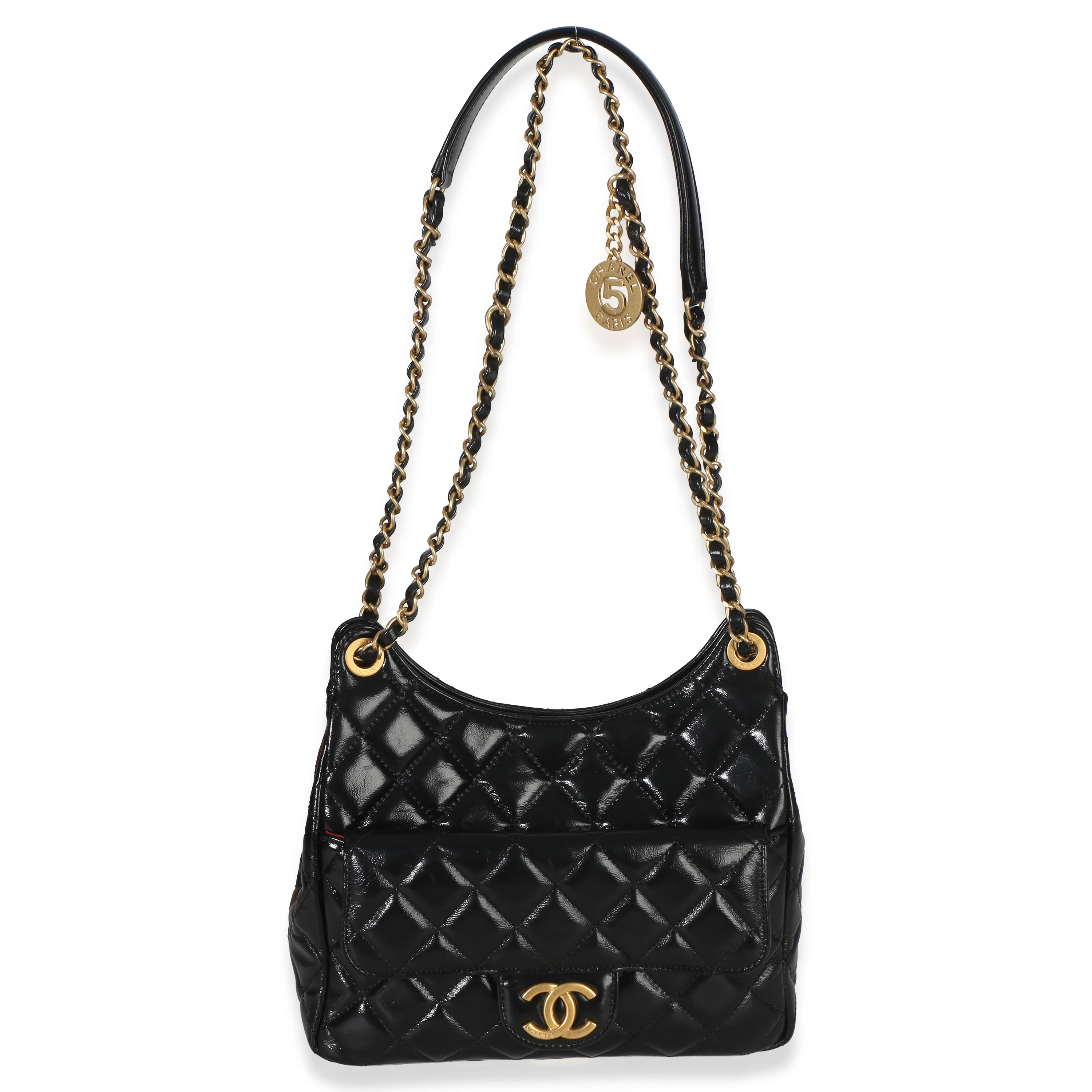 Black Quilted Shiny Crumpled Calfskin Small Wavy CC Hobo - Image 5