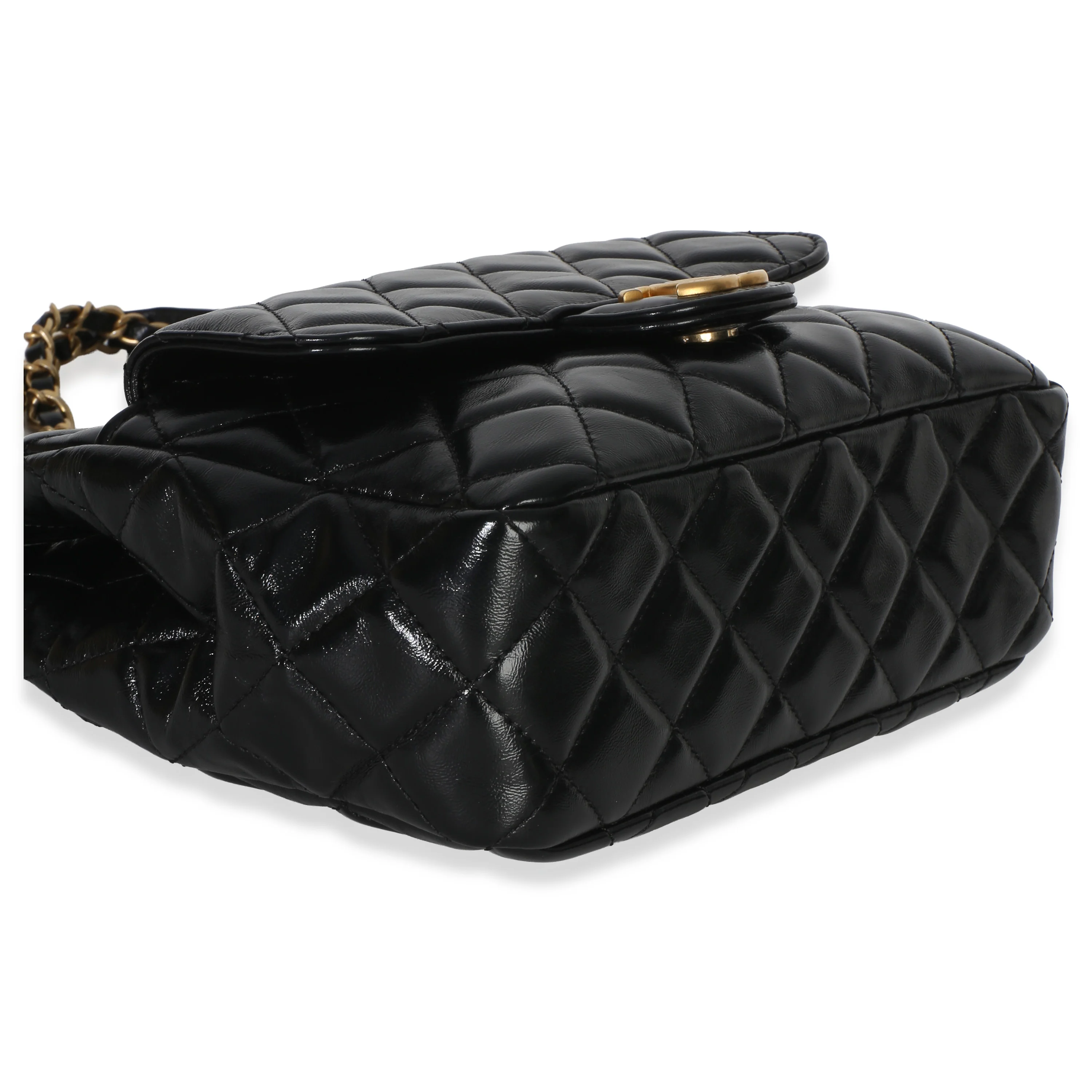 Black Quilted Shiny Crumpled Calfskin Small Wavy CC Hobo - Image 8