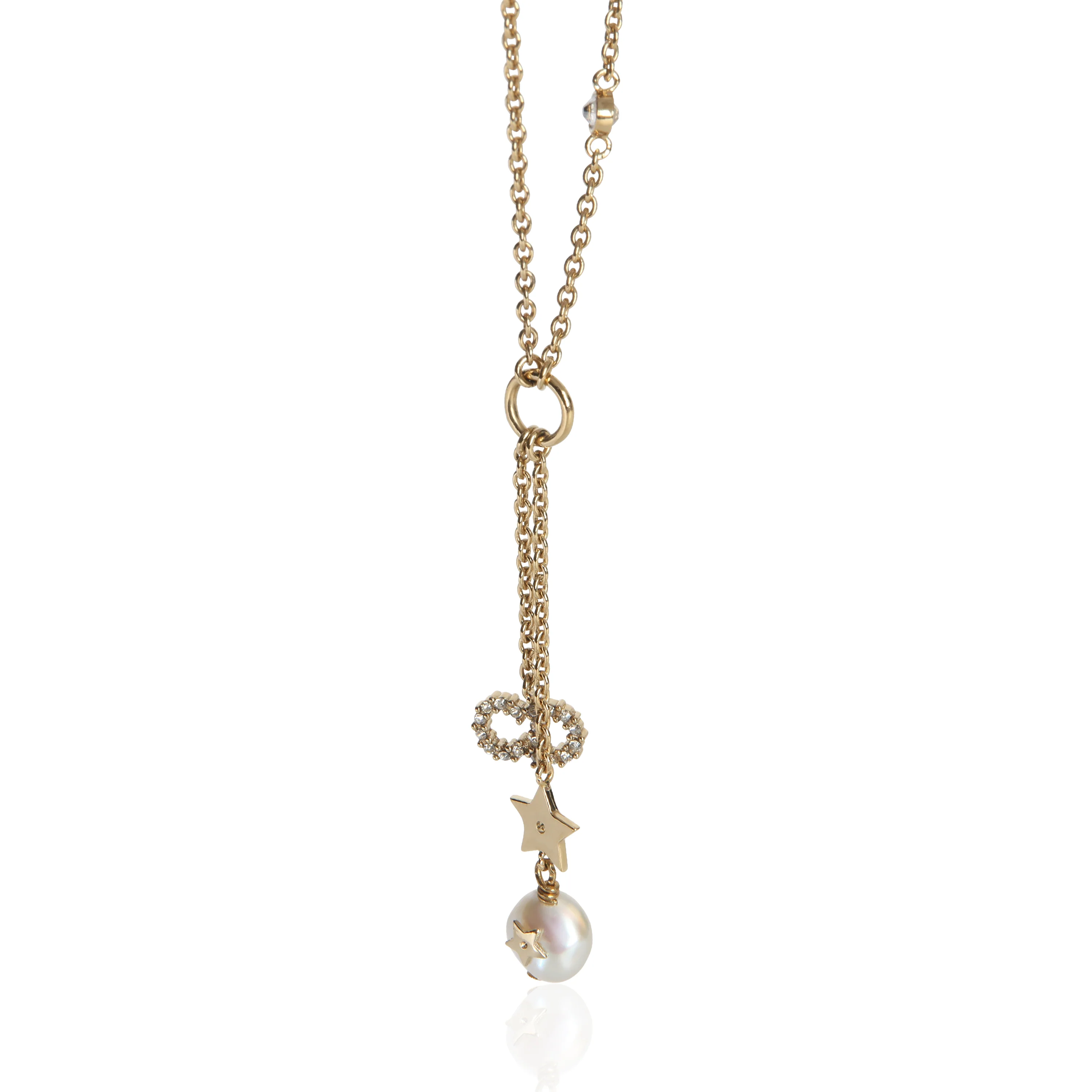 Gold-Plated Strass CD & Faux Pearl Lariat Necklace
