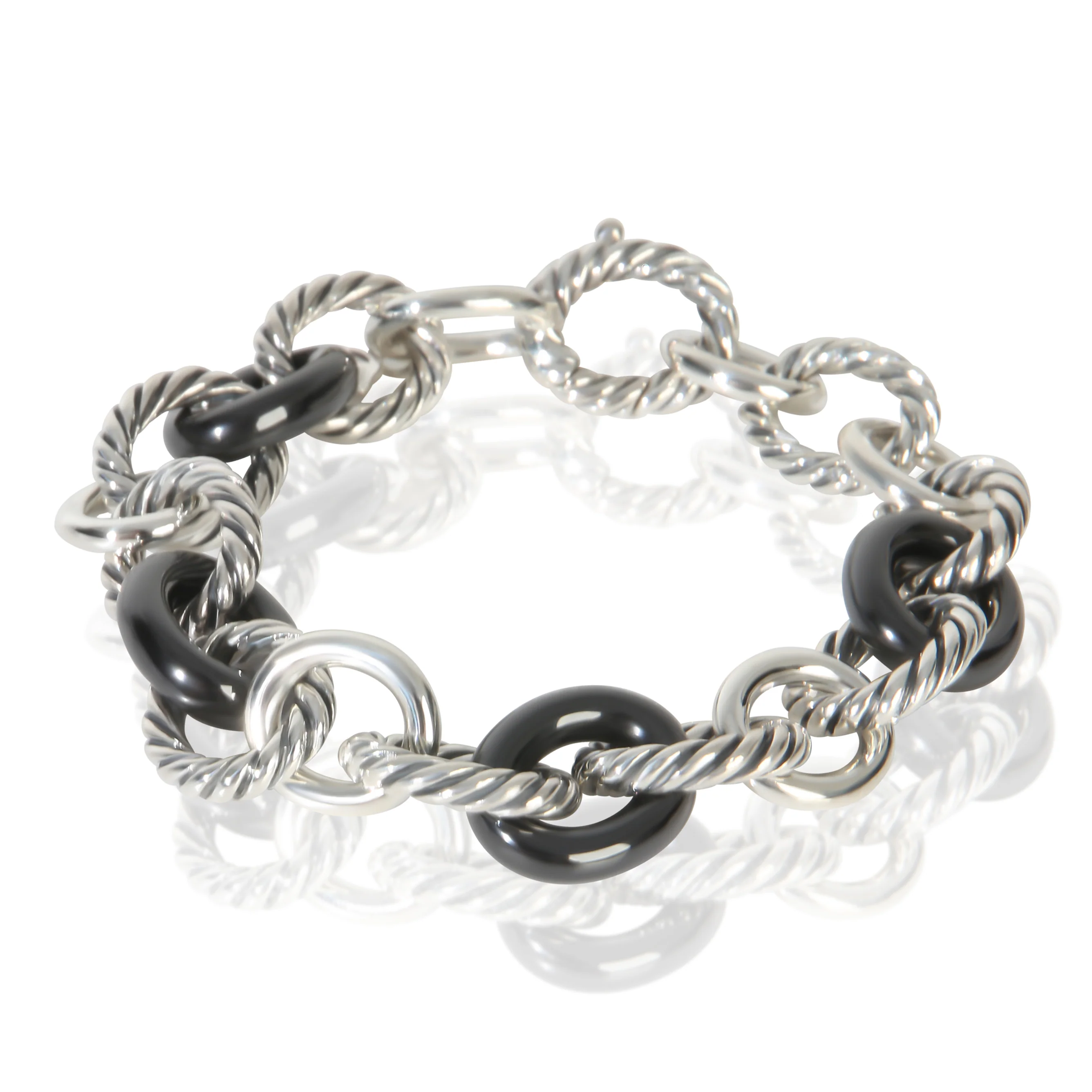 Sterling Silver & Black Ceramic Oval Link Bracelet