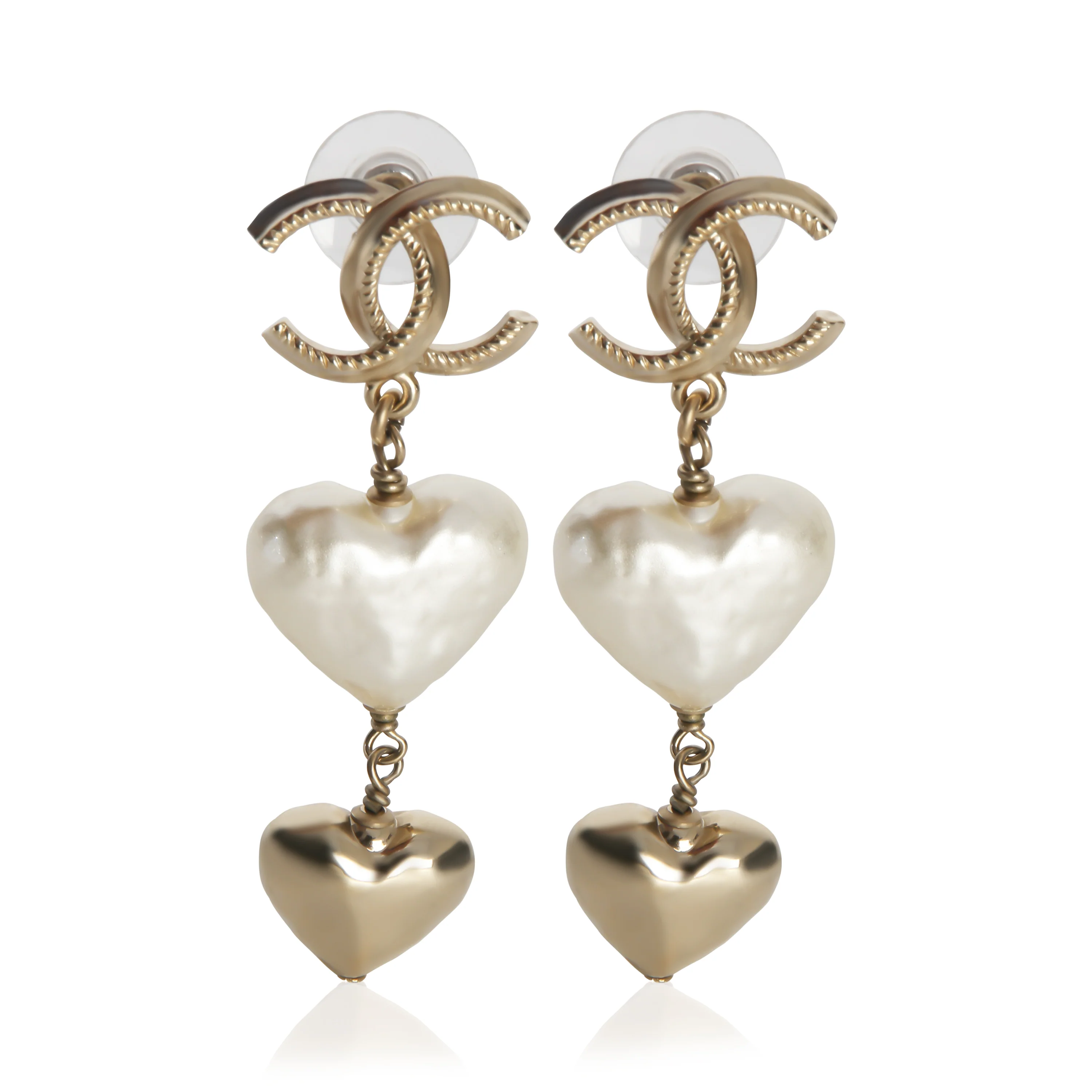 Gold-Plated 2022 Faux Heart Pearls & CC Drop Earrings