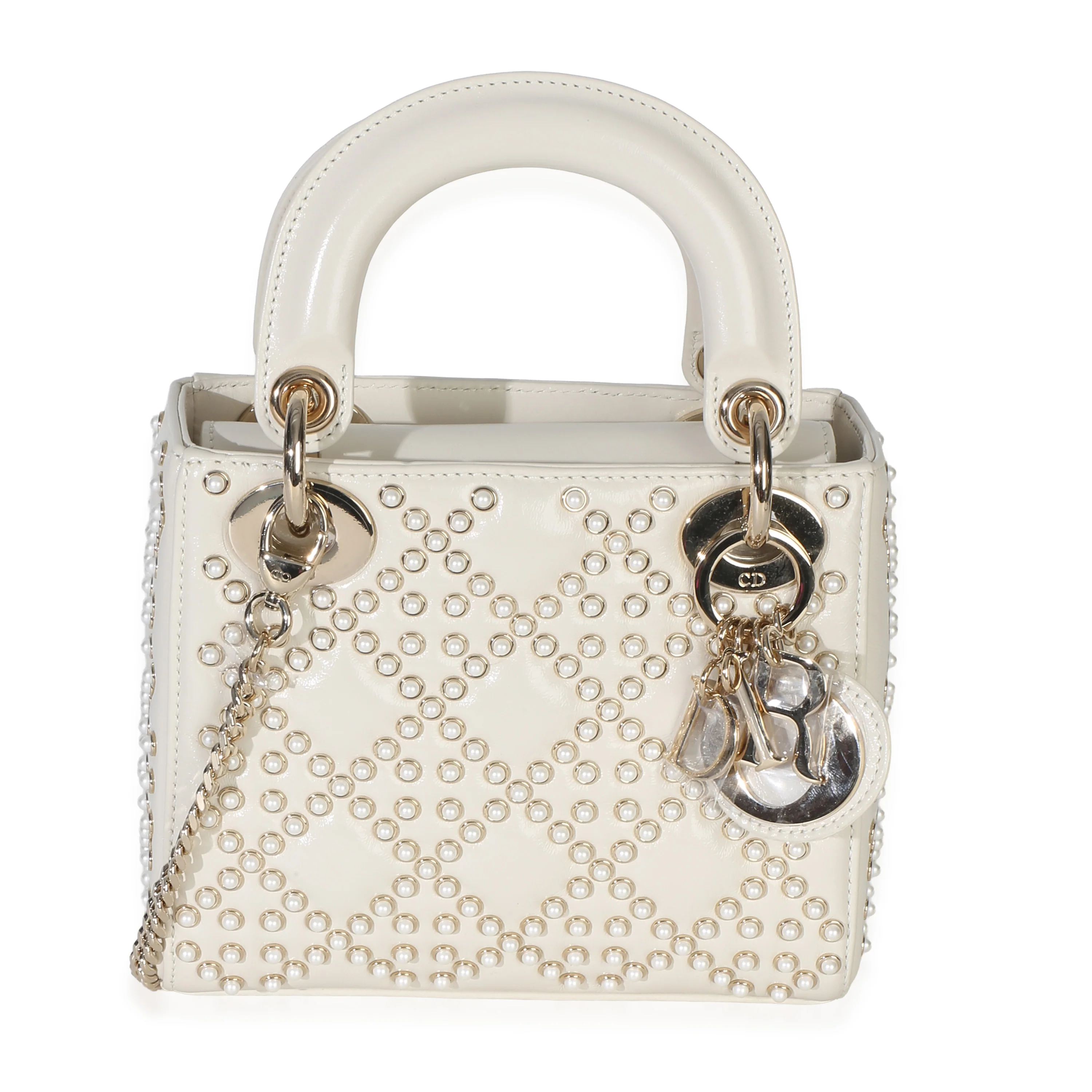 White Cannage Supple Pearl Studded Calfskin Mini Lady Dior