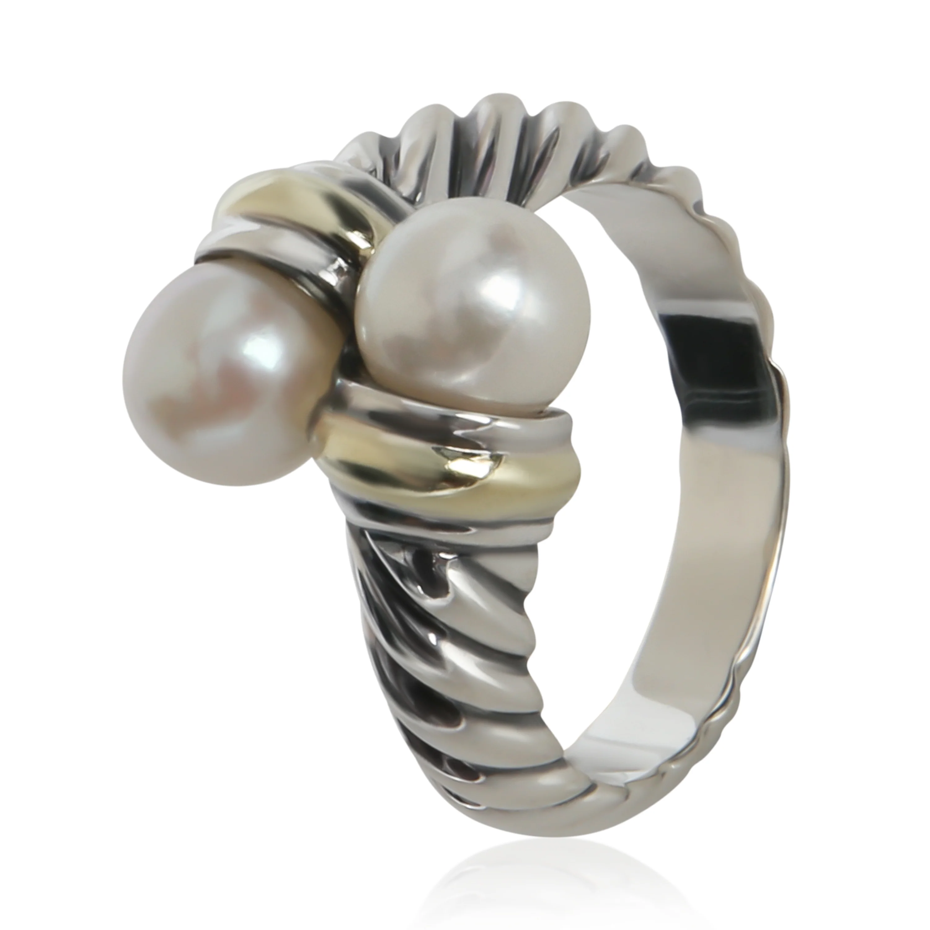 Yellow Gold & Sterling Silver Pearl Cable Bypass Ring - Image 4