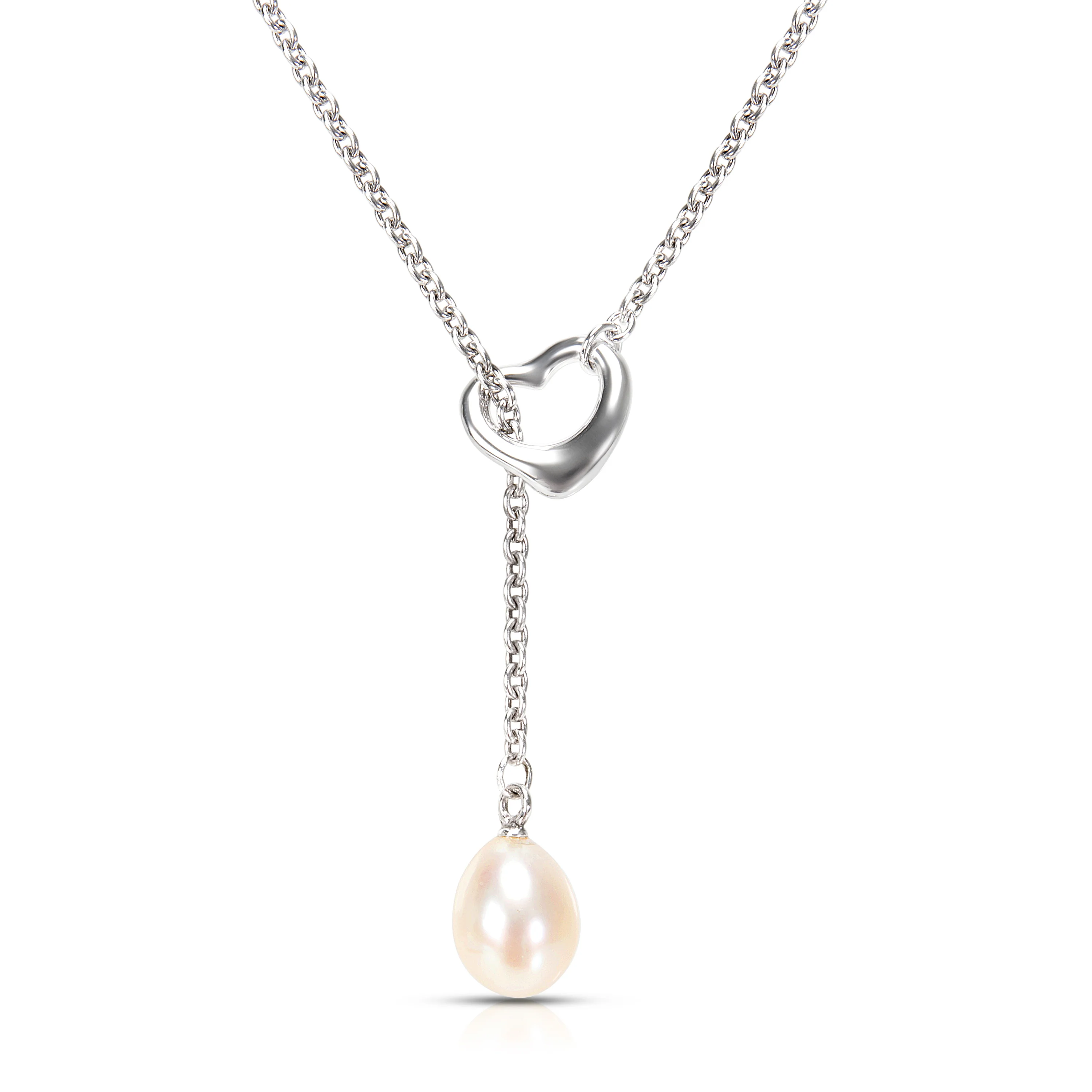 Sterling Silver Pearl Elsa Peretti Open Heart Lariat Necklace
