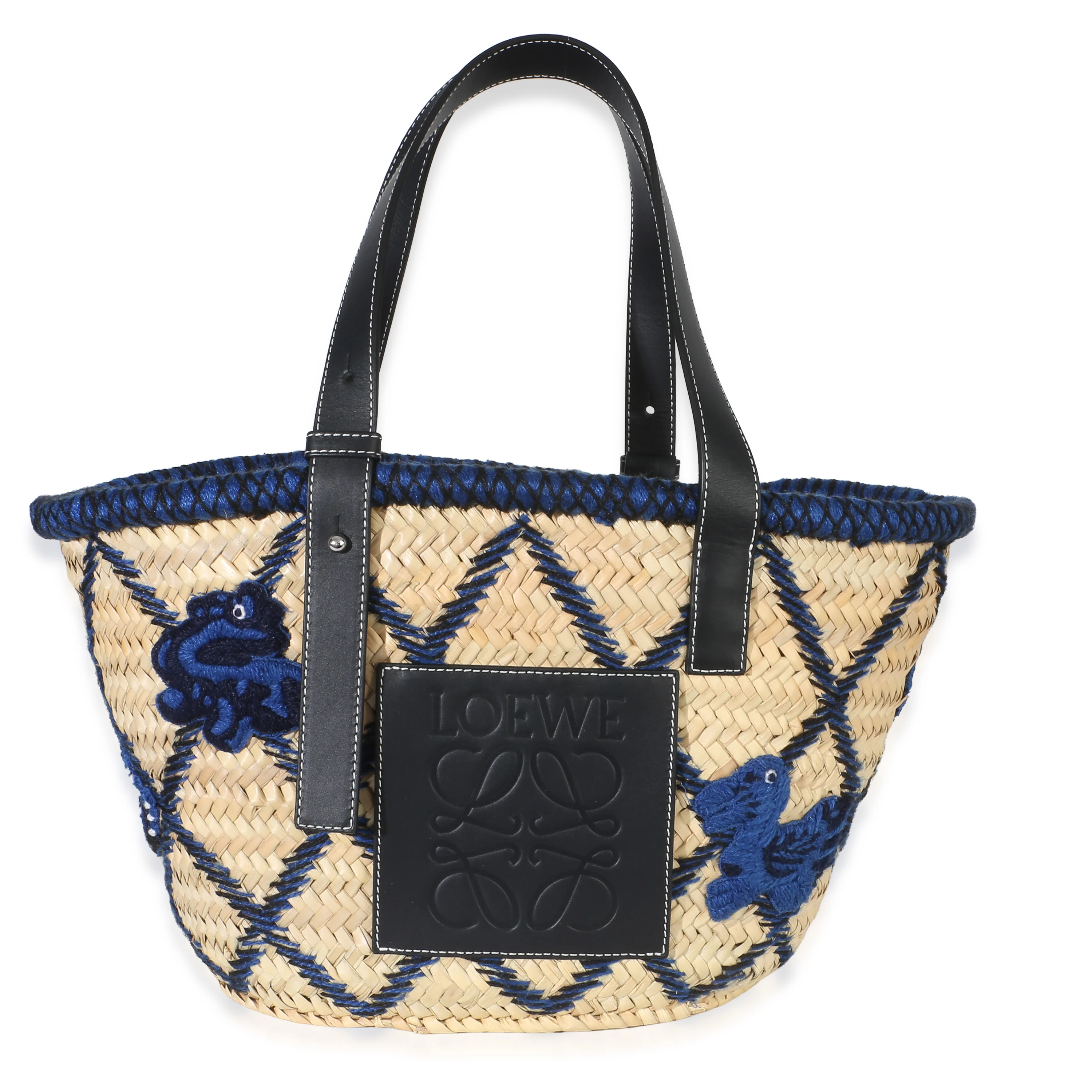 Black Blue Embroidered Animal Medium Raffia Tote