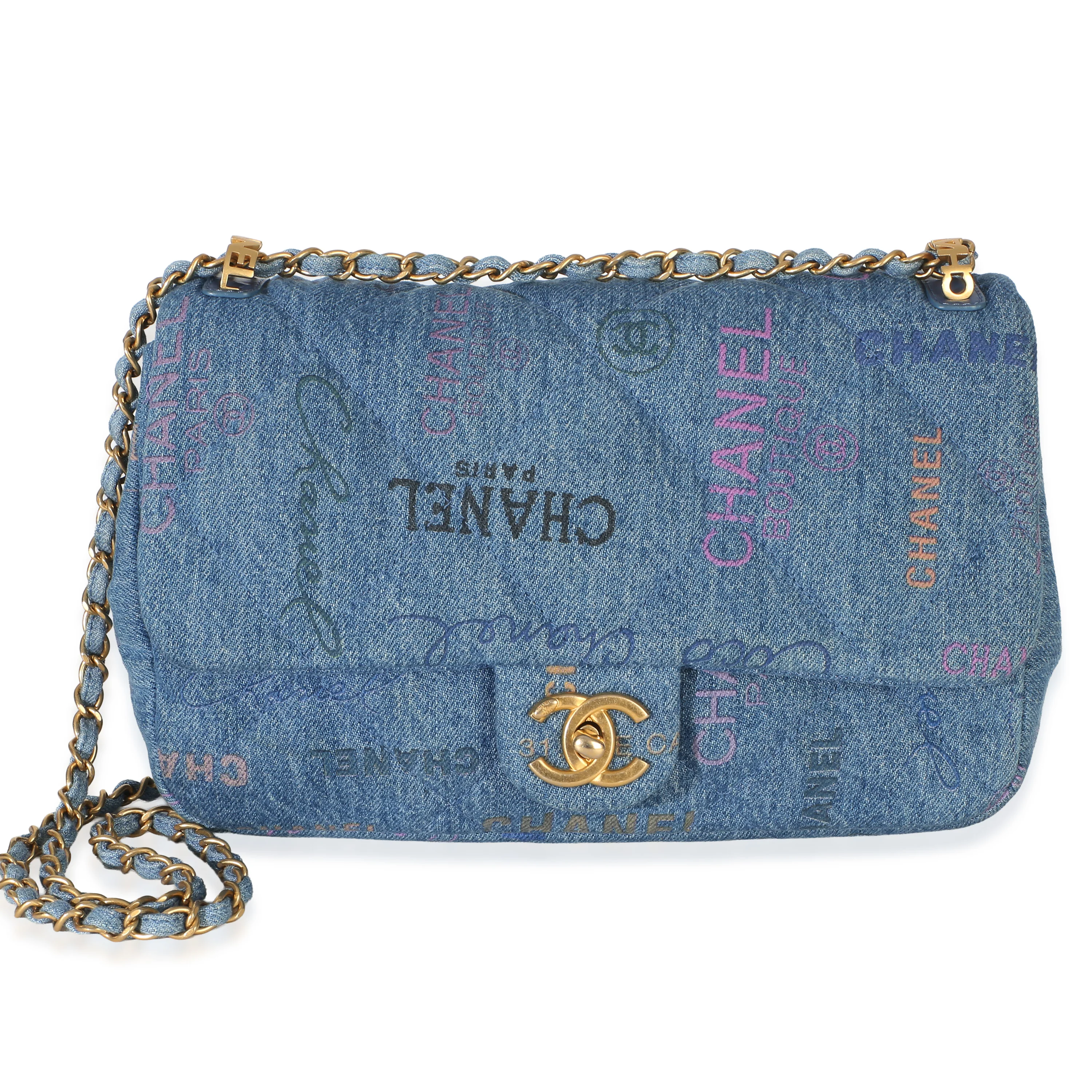 Blue Multicolor Quilted Denim Mood Large Single Flap Bag