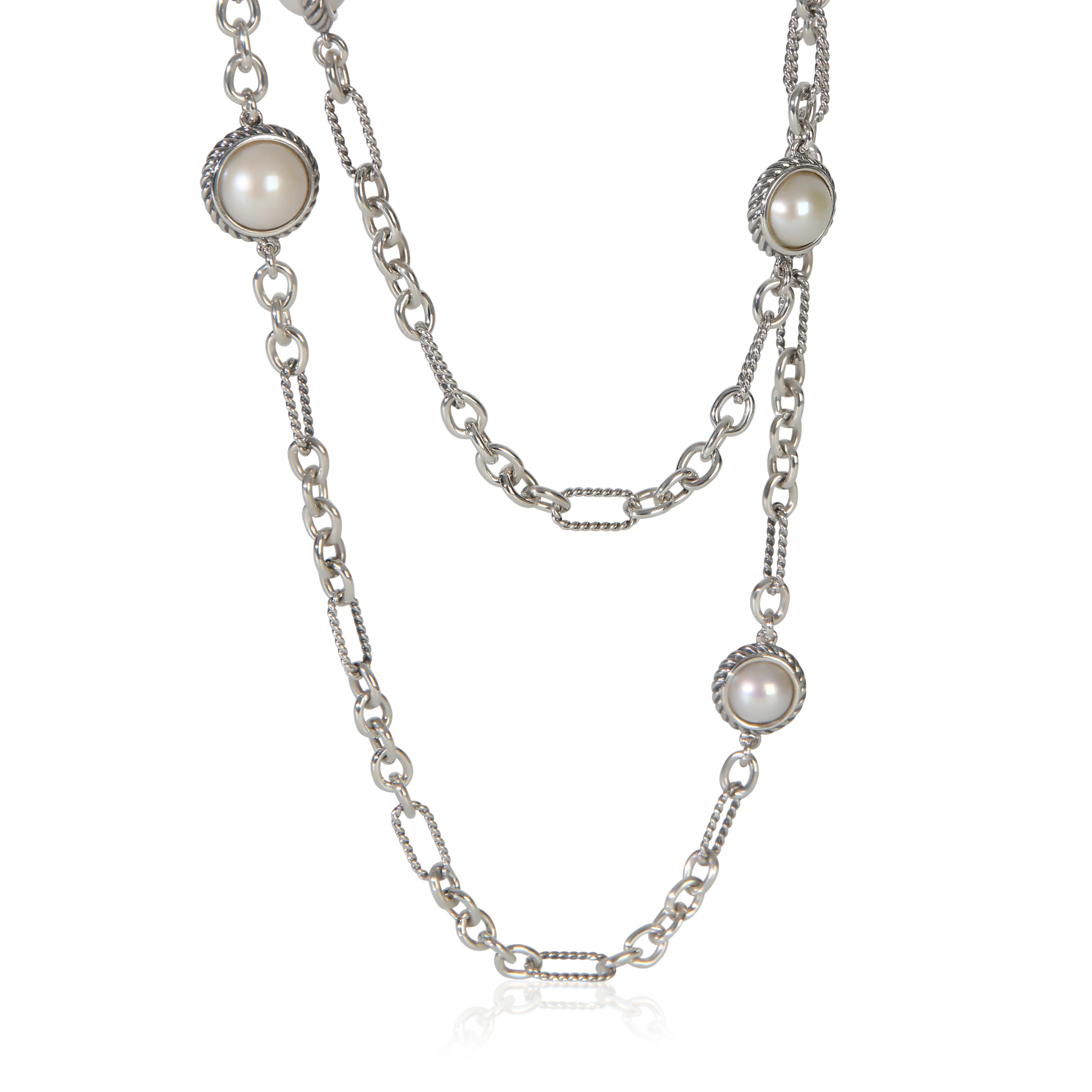 Sterling Silver Pearl Figaro Link With Pearl Stations Necklace